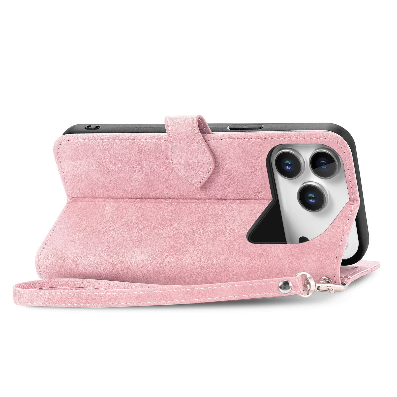 Left. Dteck - for Apple iPhone 17 Pro Wallet Case,Folio Shockproof PU Leather Card Holder Cover with Zipper Pocket & Wrist Strap - Pink.