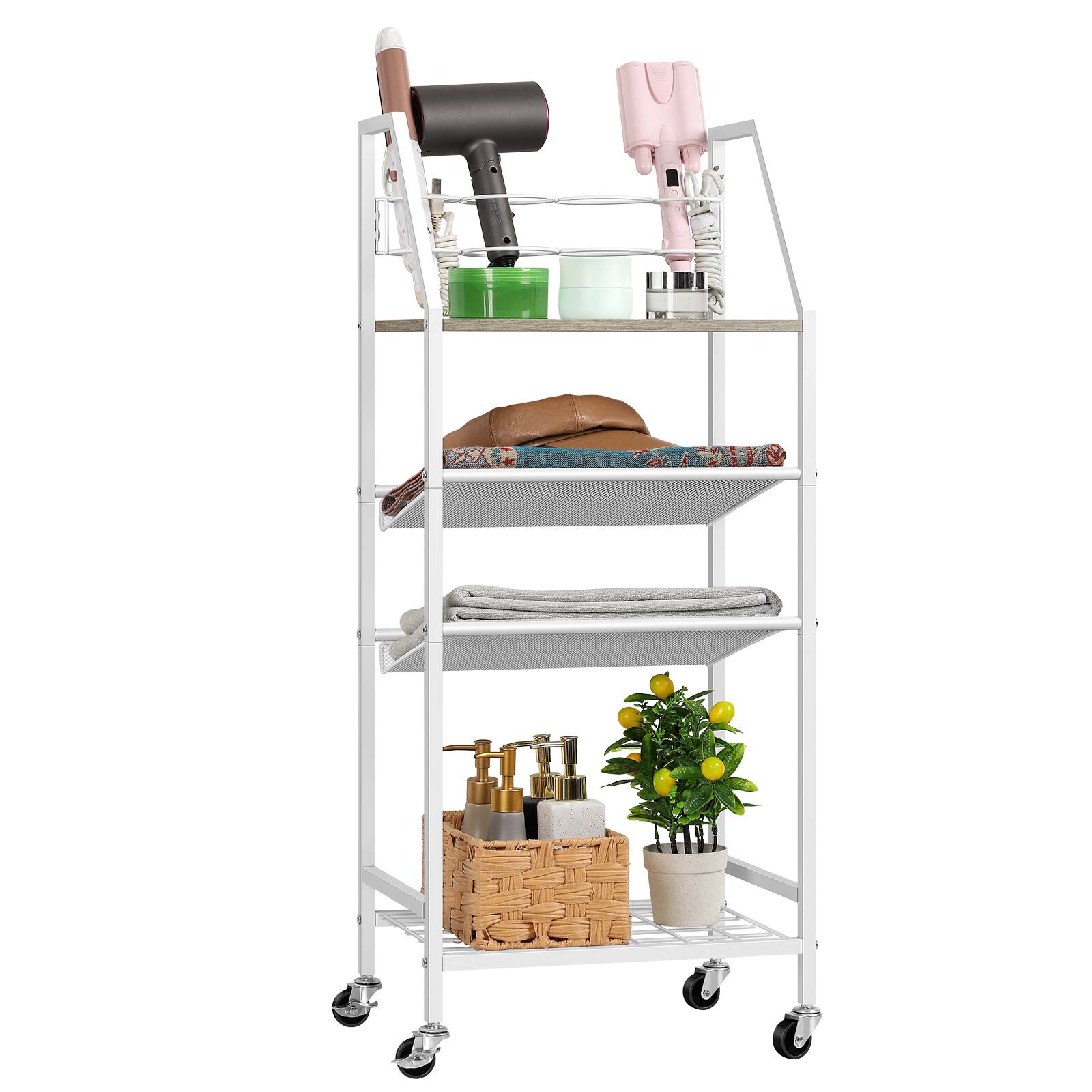 Alt View 1. Oumilen - 4-Tier Rolling Hair Tool Storage Cart, Gray Wood Board Lockable Wheels for Salon Bathroom - White.