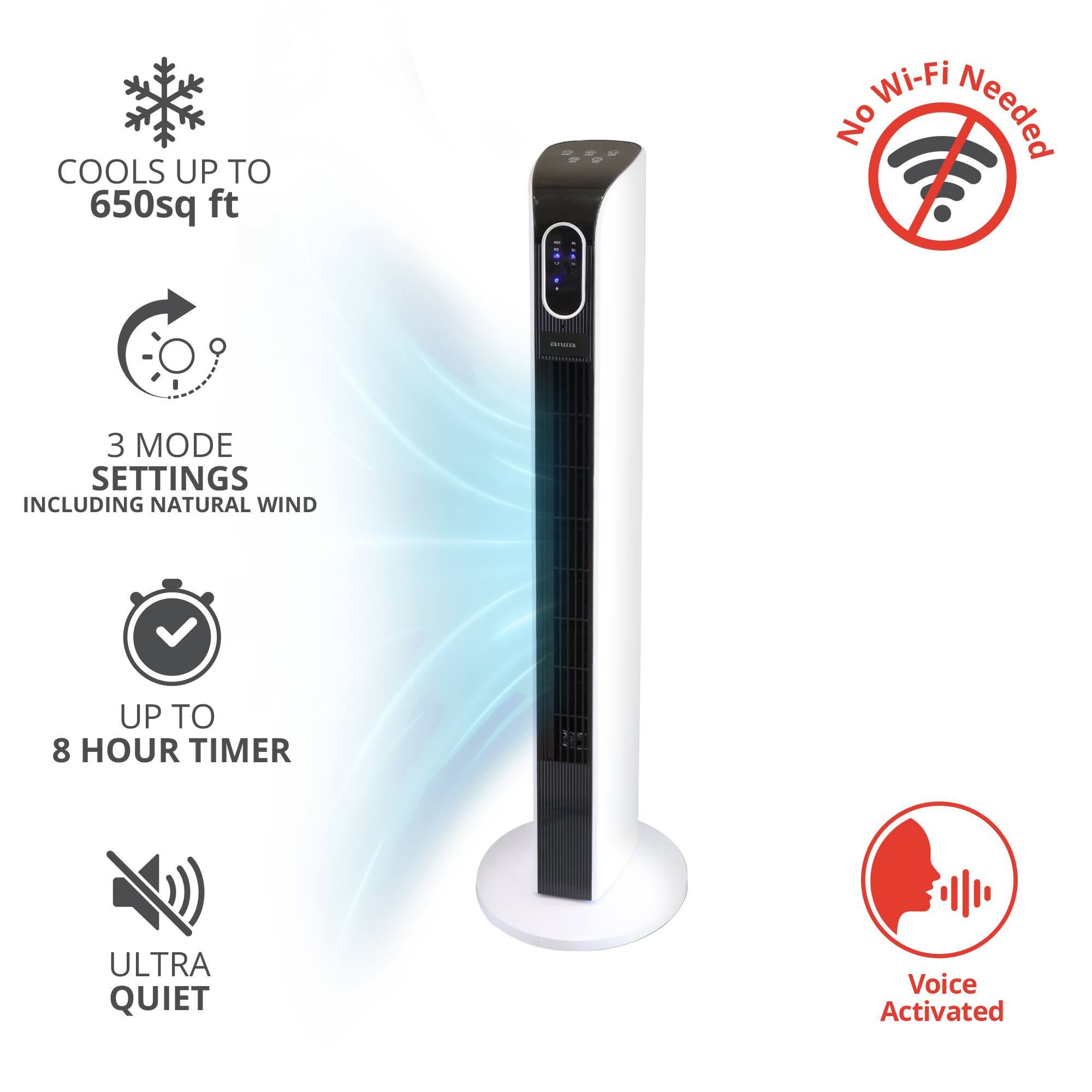 COOLS UP TO 650sq ft  
Wi-Fi No Needed  
3 MODE SETTINGS INCLUDING NATURAL WIND  
UP TO 8 HOUR TIMER  
ULTRA QUIET  
Voice Activated