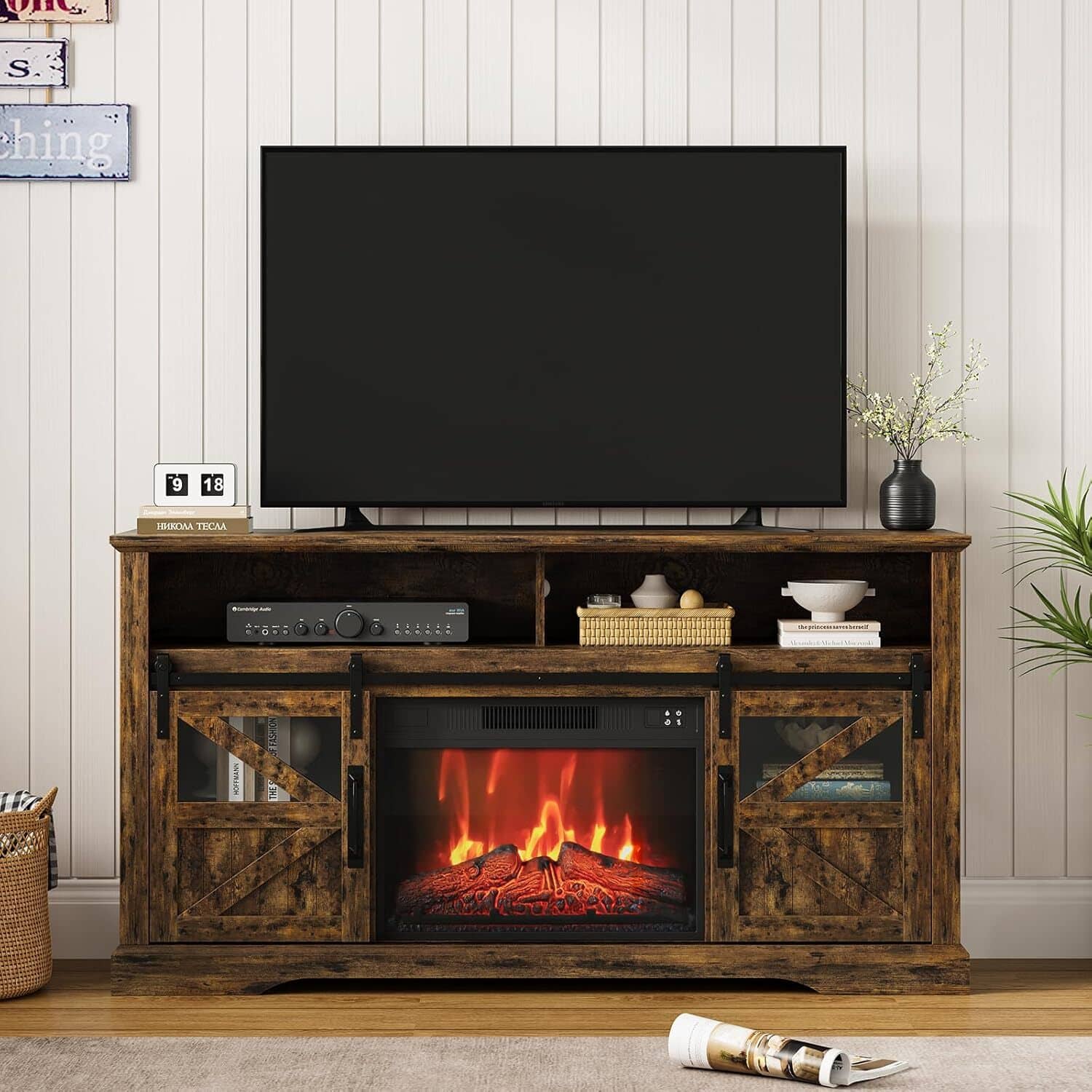 Acekool - Farmhouse Electric Fireplace TV Stand Entertainment Center for Living Room, Brown