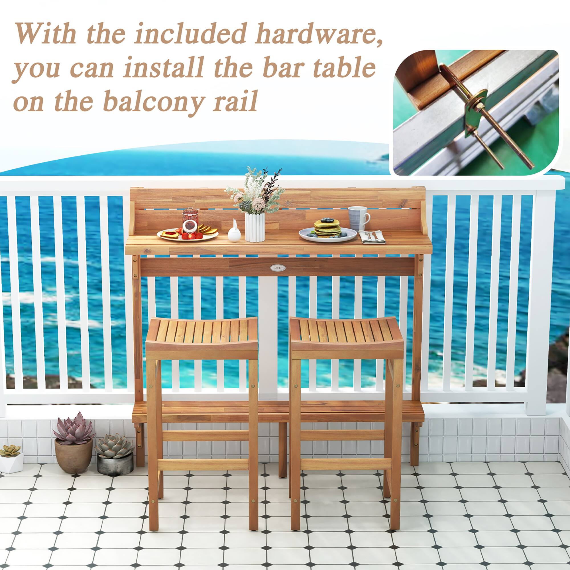 With the included hardware, you can install the bar table on the balcony rail.