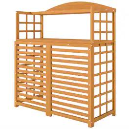 Outsunny - Air Conditioner Fence Privacy Screen, Wood AC Fence Potting Table with Shelves for Patio - Light Brown