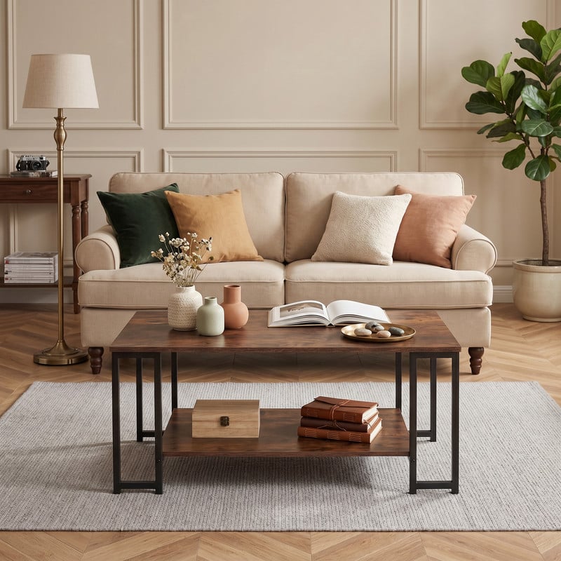 WELLFOR - 39.5" Coffee Table with Open Shelf & Metal Leg, Industrial Accent Table Cocktail Tea Table for Living Room - Rustic Brown