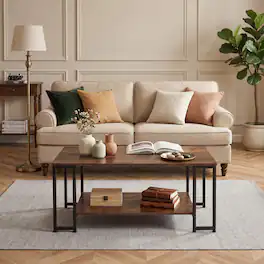 WELLFOR - 39.5" Coffee Table with Open Shelf & Metal Leg, Industrial Accent Table Cocktail Tea Table for Living Room - Rustic Brown