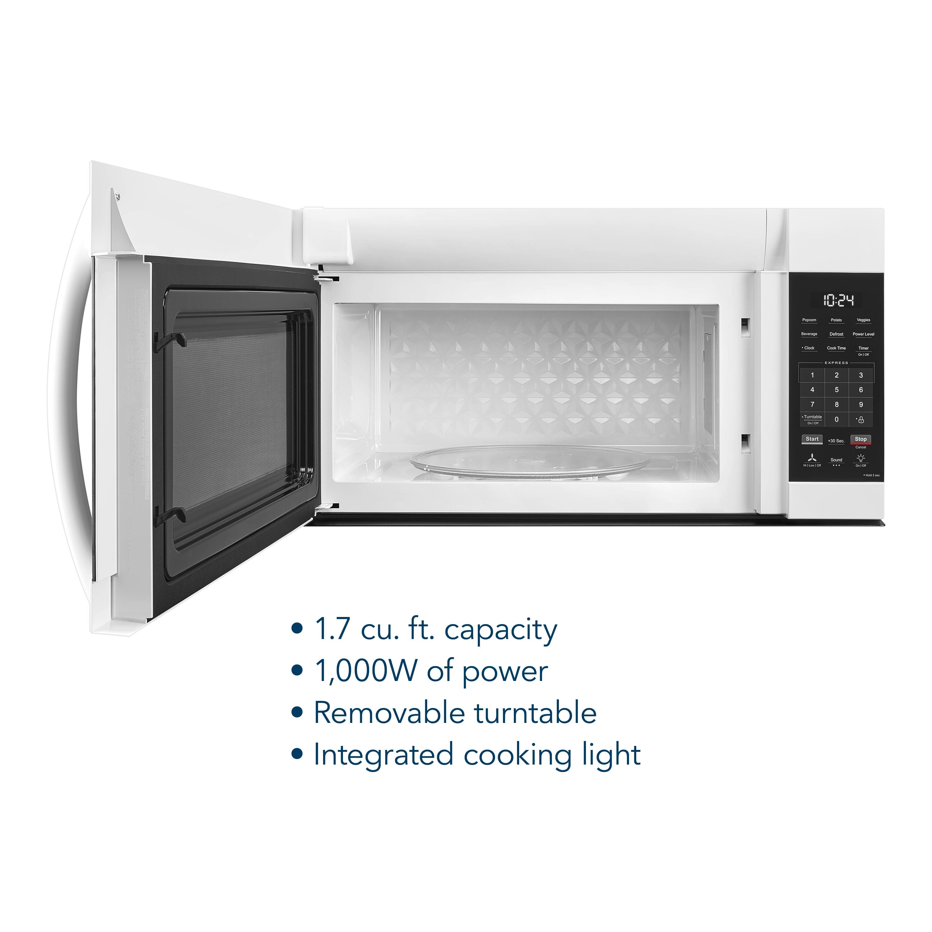 - 1.7 cu. ft. capacity
- 1,000W of power
- Removable turntable
- Integrated cooking light