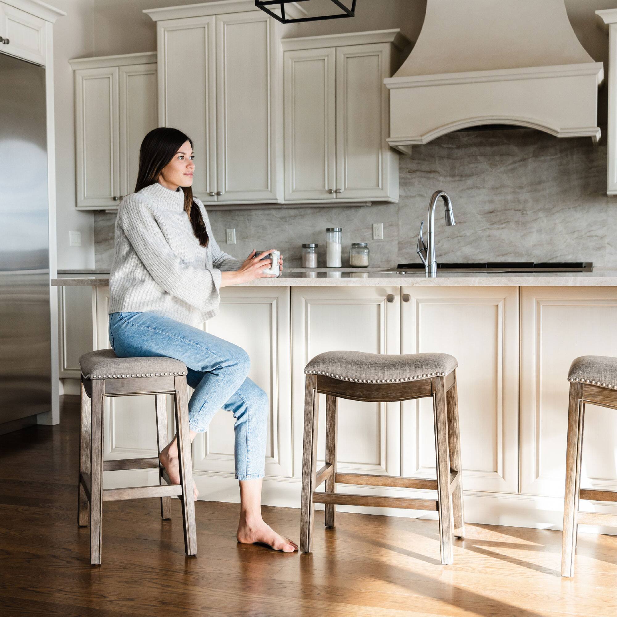 Alt View 4. Maven Lane - Maven Lane Adrien Backless Saddle Kitchen Bar Stool, Walnut Finish, Set of 2 - Walnut.