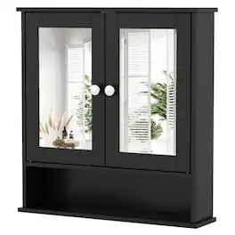 Pefilos - Double Door Wall-Mounted Bathroom Mirror Cabinet, Mirror Cabinet with Storage Shelf, Adjustable Storage Space Cabinet - Black