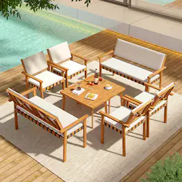 Costway - 8 PCS Wood Furniture Set with Coffee Table Seat Back Cushions for Backyard, Porch - Off White