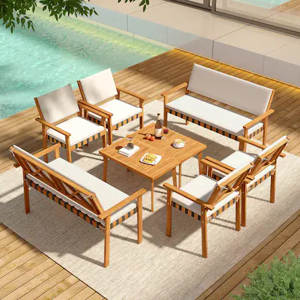 Front. Costway - Costway 8 PCS Wood Furniture Set with Coffee Table Seat Back Cushions for Backyard, Porch - Off White.