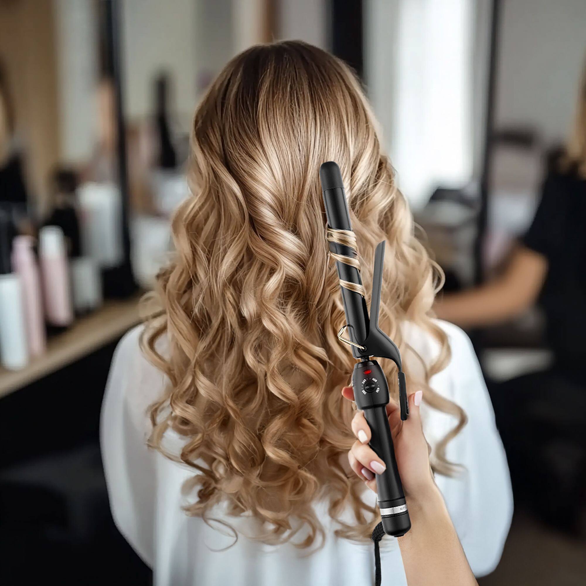 Left. StyleCraft - Stay-Temp Black Gold Ceramic Extended Barrel Curling Iron (1-inch) - Black.