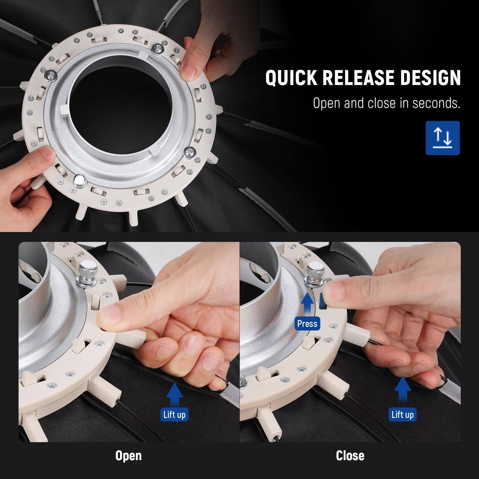 QUICK RELEASE DESIGN  
Open and close in seconds.  

Open:  
- Lift up  

Close:  
- Press  
- Lift up