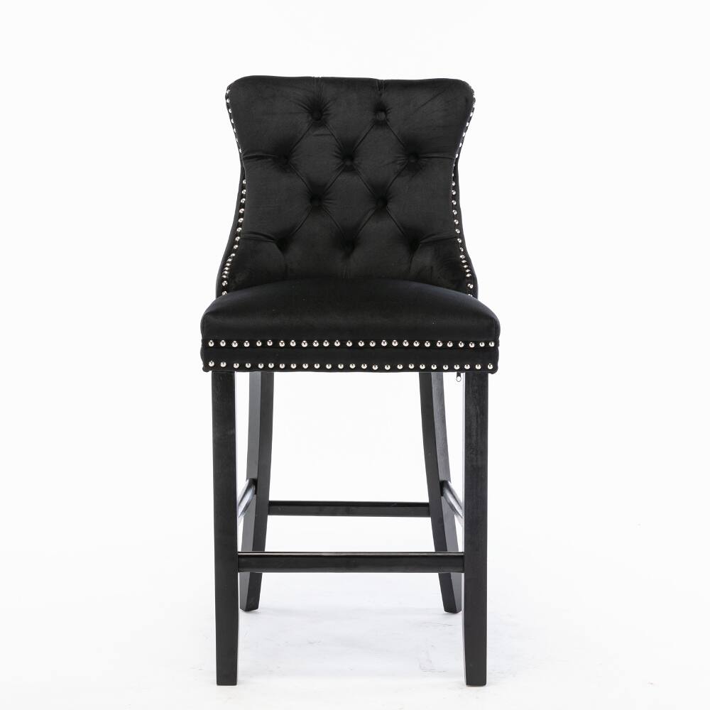 Angle. Loheer - Loheer Black Velvet Barstools Set of 2 Button Tufted Bar Chairs - Black.