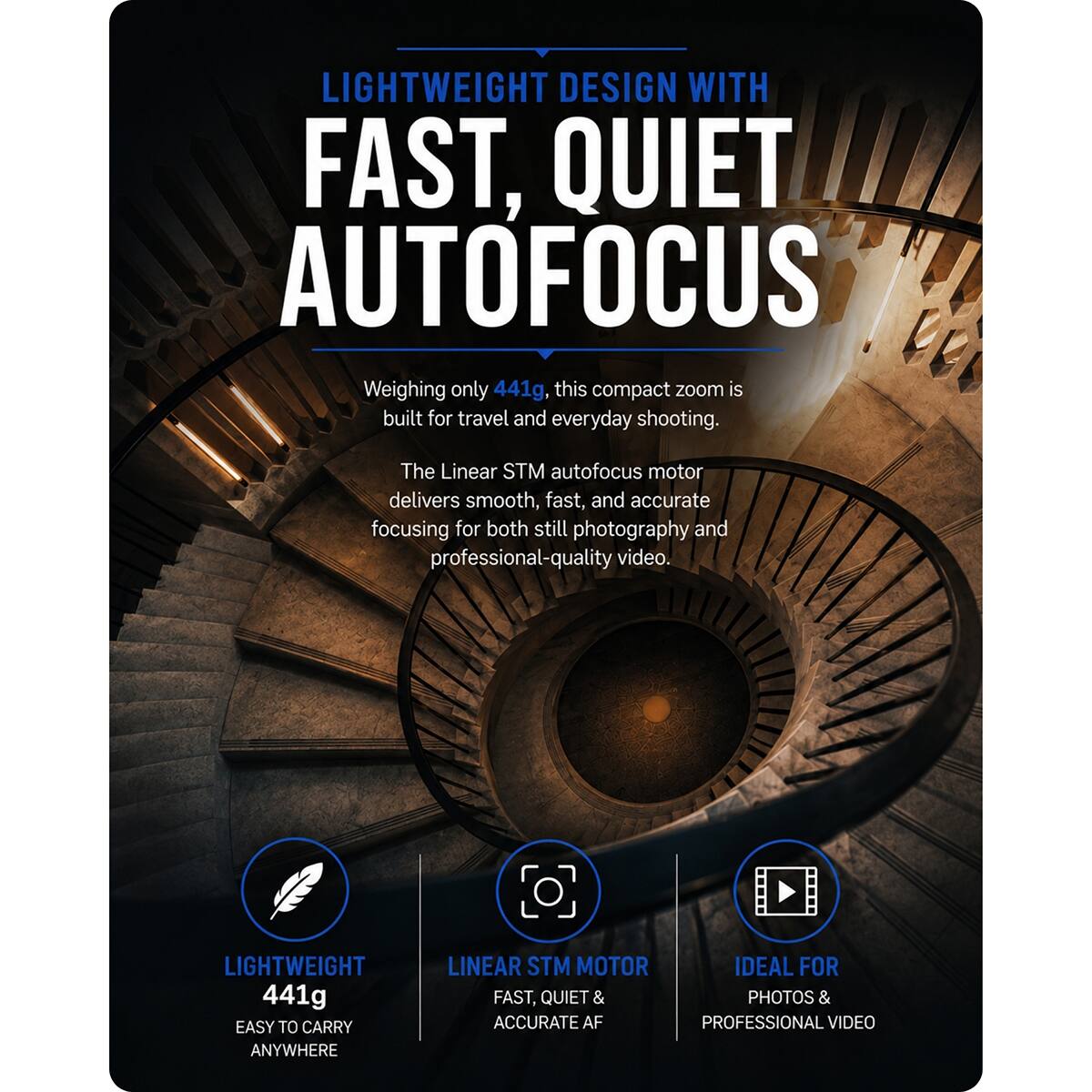LIGHTWEIGHT DESIGN WITH FAST, QUIET AUTOFOCUS  
Weighing only 441g, this compact zoom is built for travel and everyday shooting.  
The Linear STM autofocus motor delivers smooth, fast, and accurate focusing for both still photography and professional-quality video.  

LIGHTWEIGHT 441g EASY TO CARRY ANYWHERE  
LINEAR STM MOTOR IDEAL FOR FAST, QUIET & ACCURATE AF PHOTOS & PROFESSIONAL VIDEO