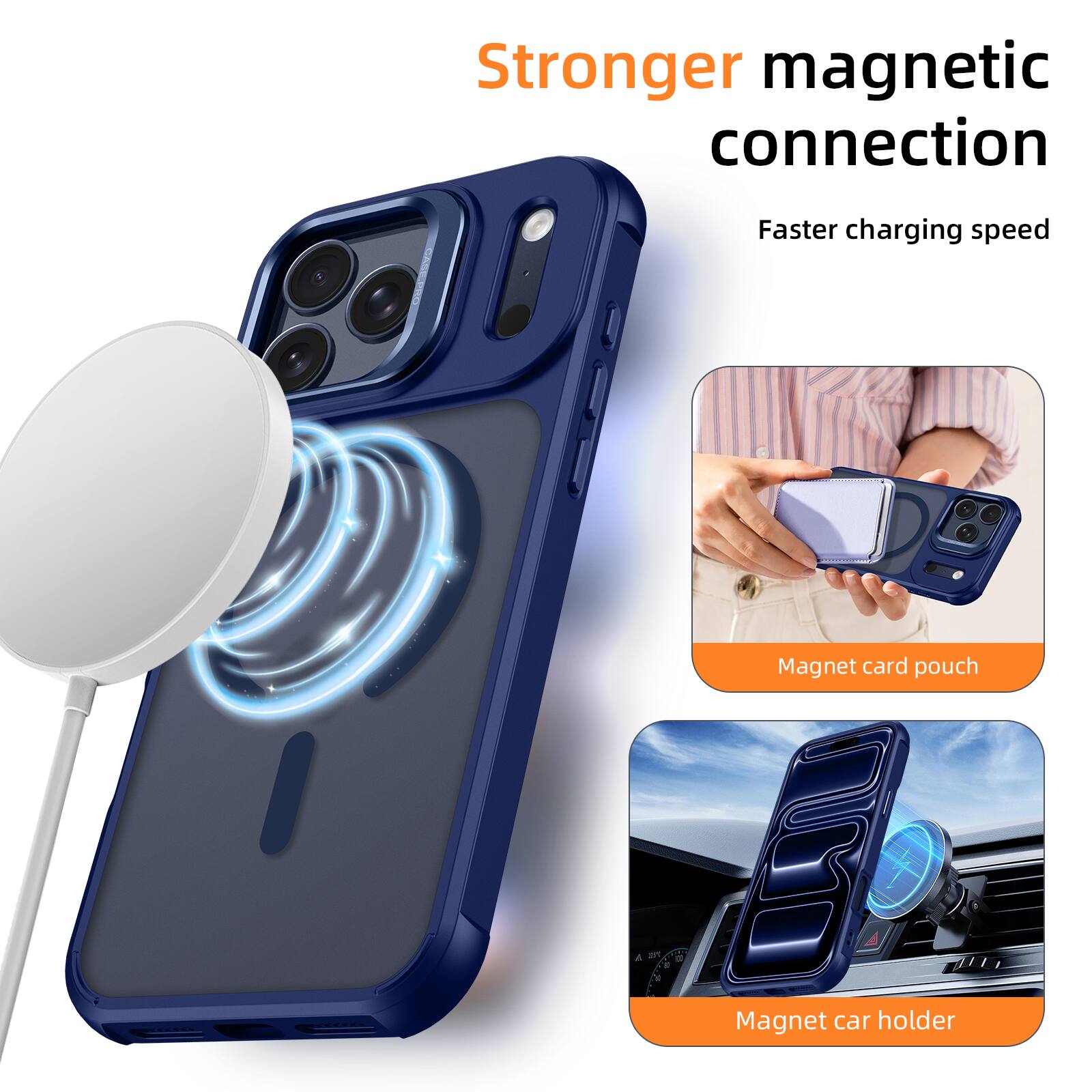 Stronger magnetic connection  
Faster charging speed  
Magnet card pouch  
Magnet car holder