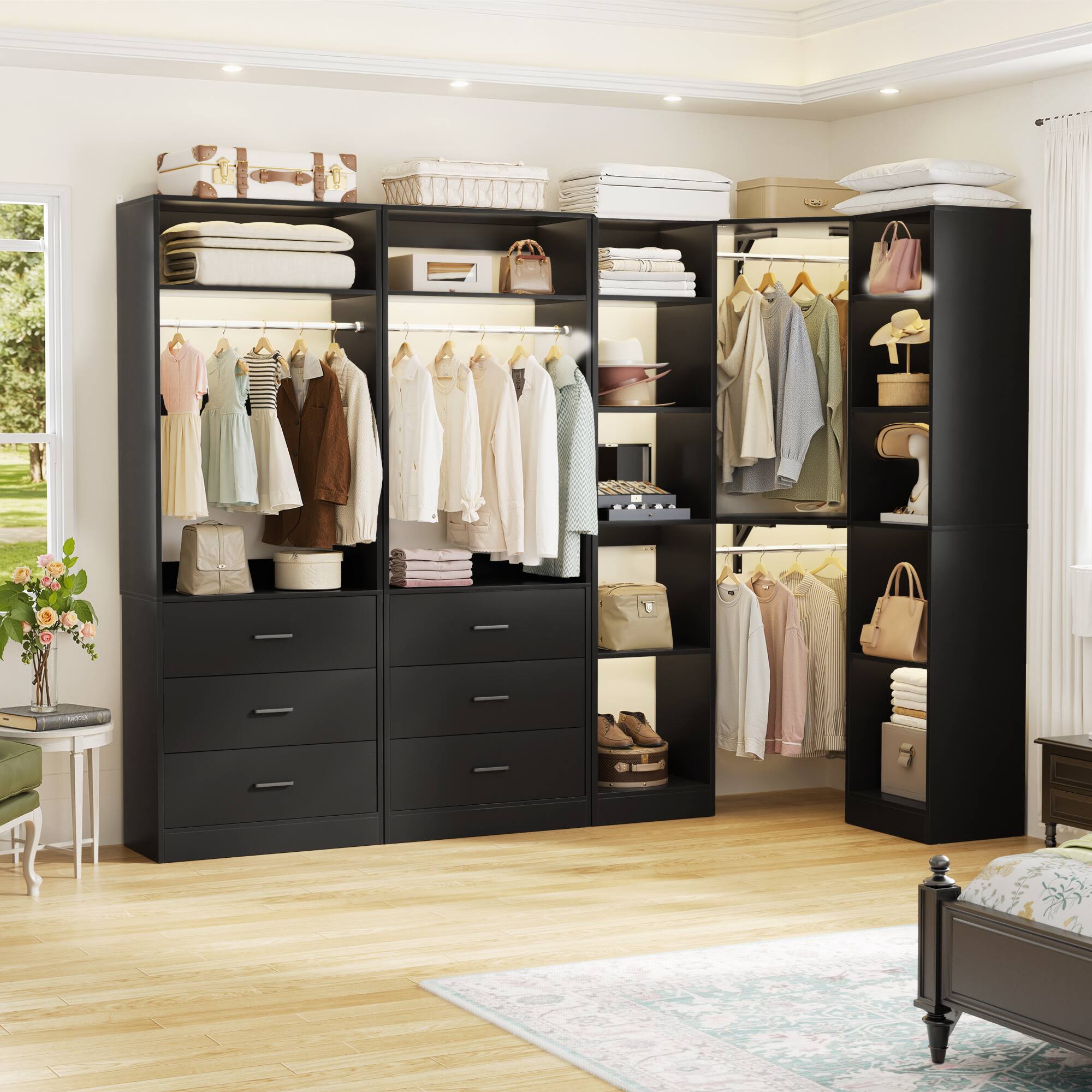 Aheaplus - Reversible L Shaped Corner Walk-in Closet System - 6 Drawers, 20+ Shelves, 4 Hanging Rods, 2500+LBS Load,63.2"L-87.2"L - Black