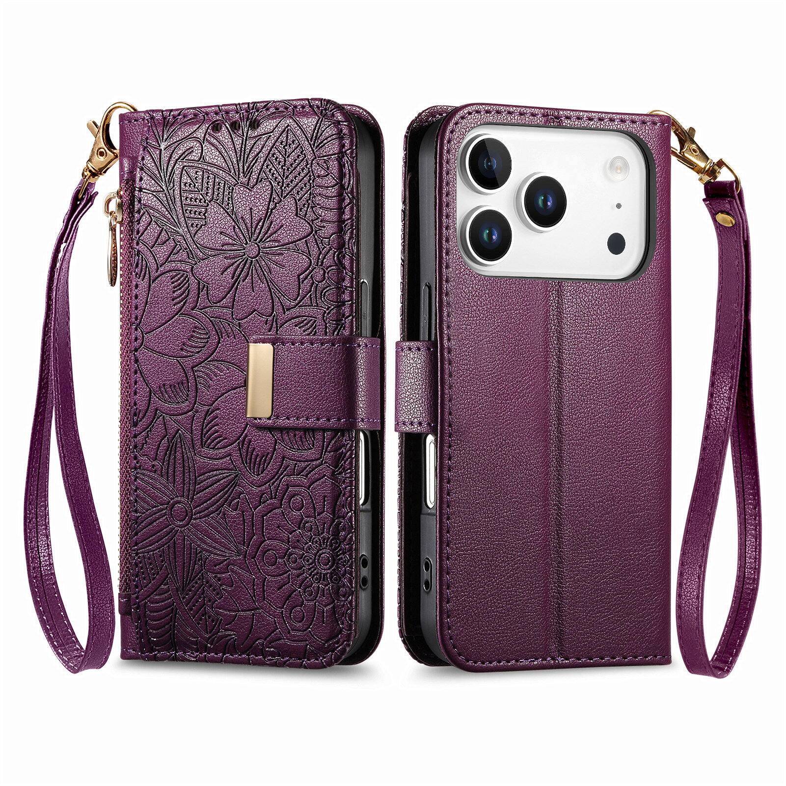 Angle. UUCOVER - Floral PU Leather Wallet Case for Apple iPhone 17 Pro with Zipper Pocket, Card Slots,Shoulder & Wrist Strap, Stand Cover - Purple.