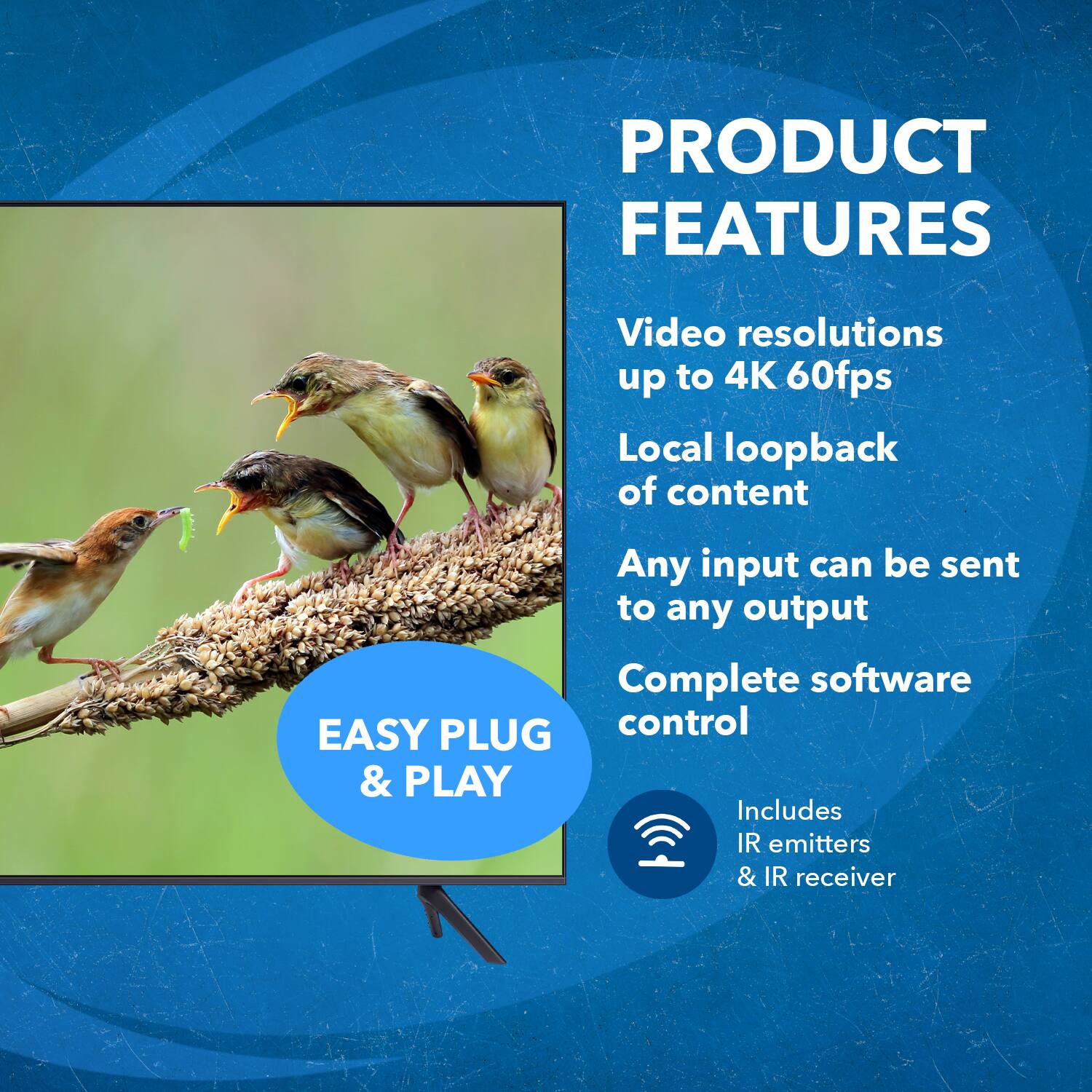 PRODUCT FEATURES
Video resolutions up to 4K 60fps
Local loopback of content
Any input can be sent to any output
Complete software control
EASY PLUG & PLAY
Includes IR emitters & IR receiver