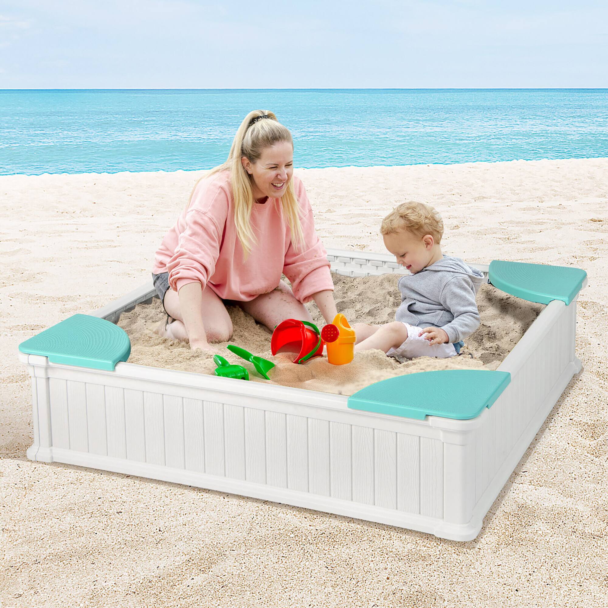 Alt View 2. Gymax - Gymax Kids Outdoor Sandbox 48.5'' x 48.5'' x 12.5'' Large HDPE Sandpit with Oxford Cover White - White.