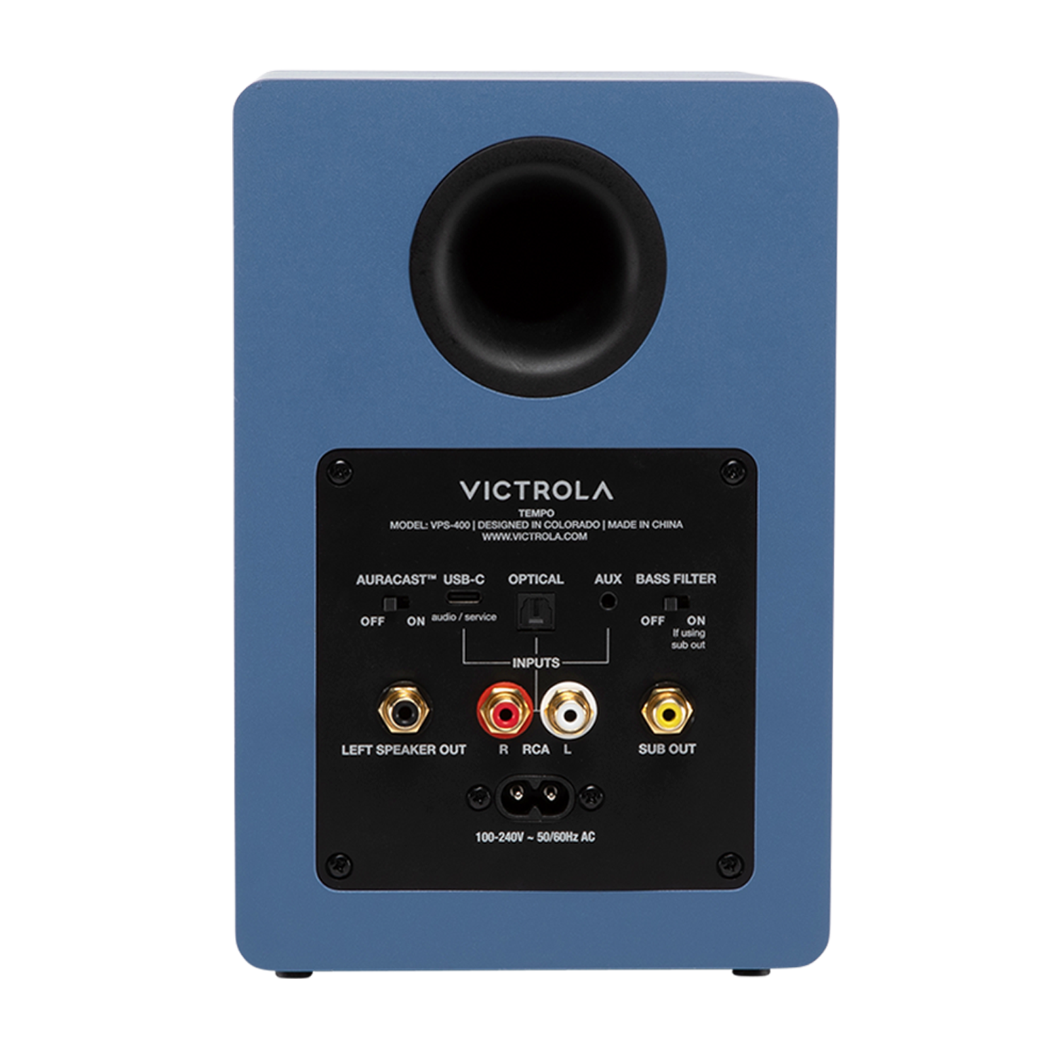 VICTROLA TEMPO MODEL: VPS-400 - DESIGNED IN COLORADO - MADE IN CHINA WWW.VICTROLA.COM AURACAST USB-C OPTICAL AUX BASS FILTER OFF ON audio service INPUTS OFF ON 8 uning due out LEFT SPEAKER OUT R RCA L SUB OUT 100-240V 50/60HZ AC