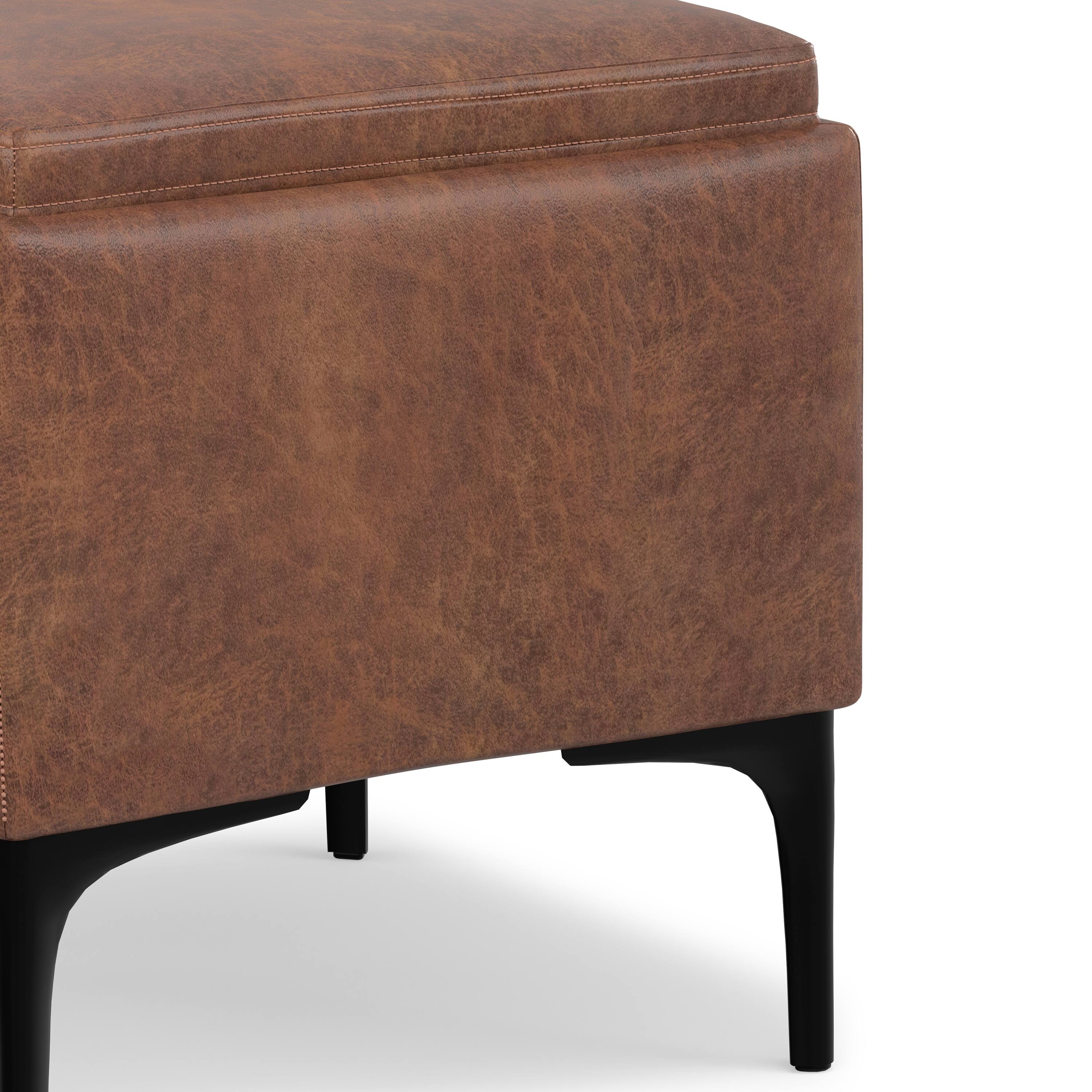Alt View 7. Simpli Home - Natasha 18 inch Square Mid Century Storage Ottoman with Tray in Distressed Saddle Brown  Vegan Faux Leather, Assembled - Distressed Saddle Brown.