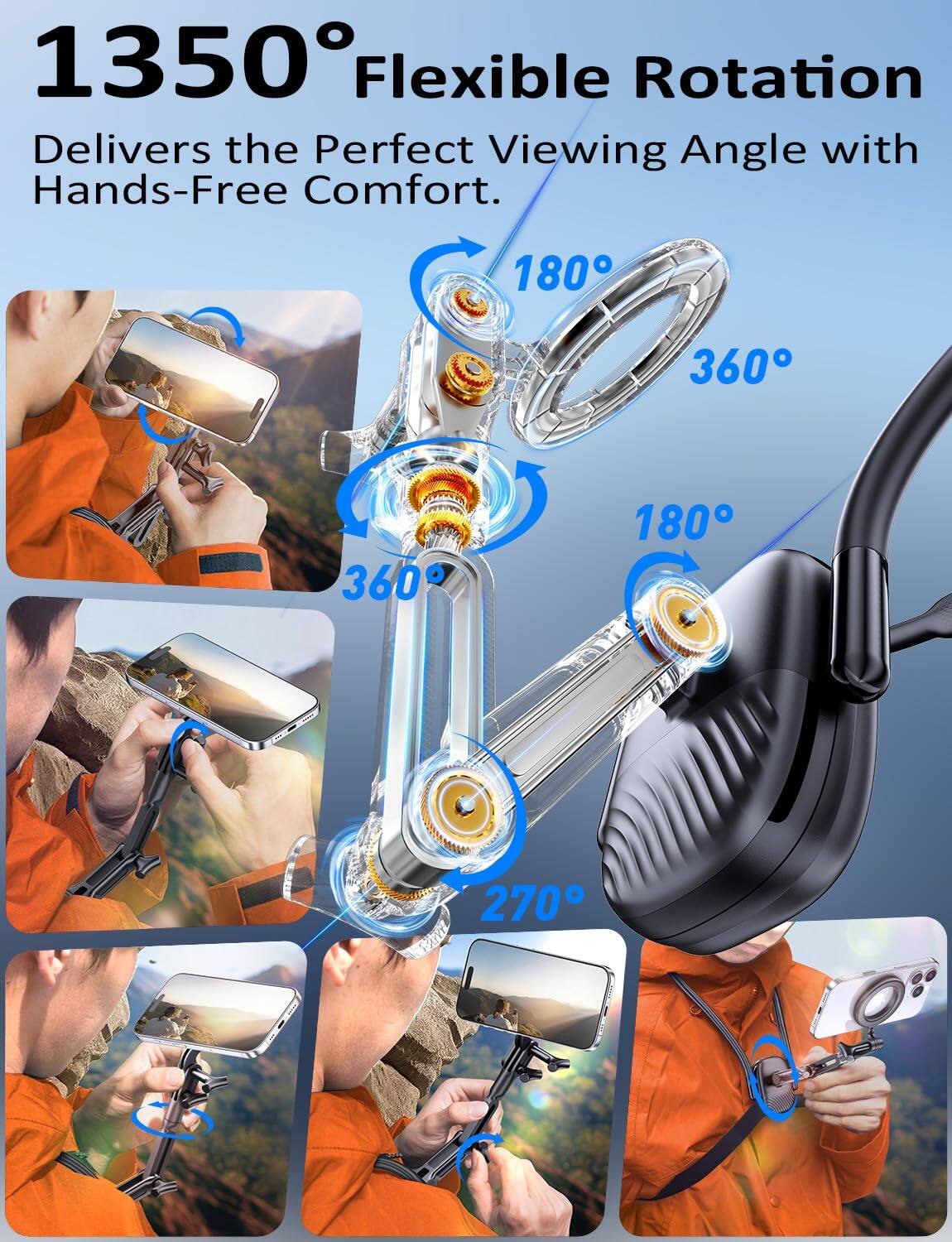 1350° Flexible Rotation  
Delivers the Perfect Viewing Angle with Hands-Free Comfort.  

180°  
360°  
360°  
180°  
270°