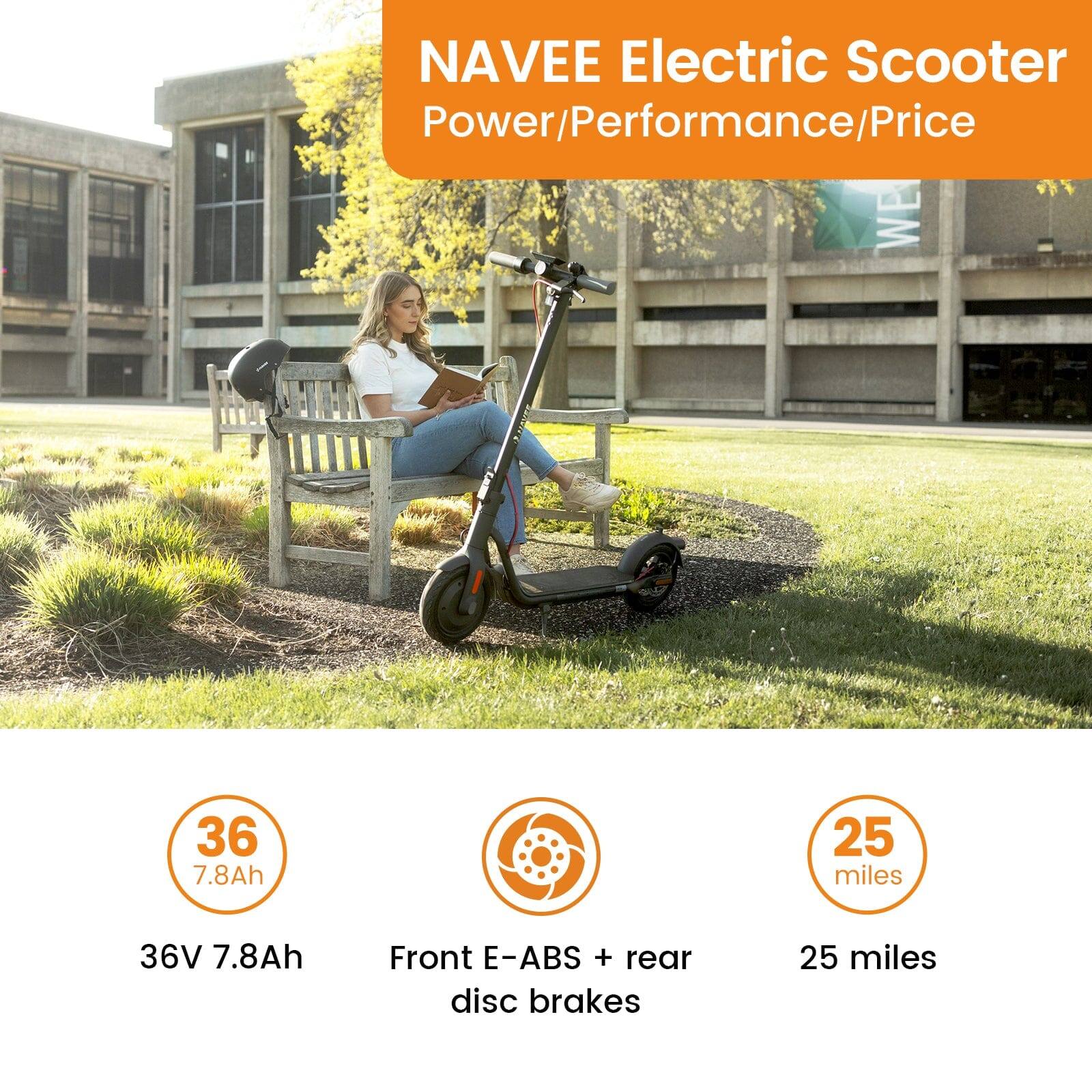 NAVEE Electric Scooter  
Power/Performance/Price

- 36V 7.8Ah
- Front E-ABS + rear disc brakes
- 25 miles