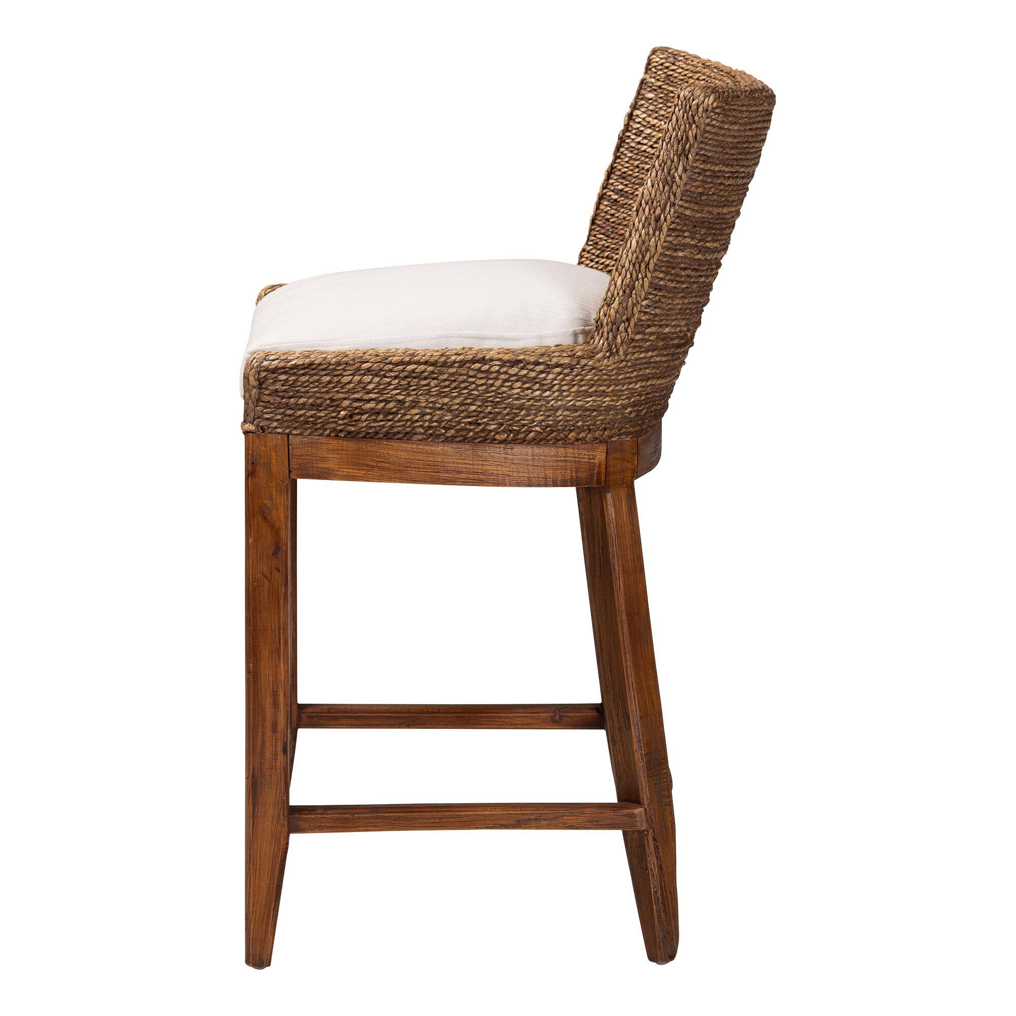 Left. bali & pari - Ridley Seagrass Counter Stool with Mahogany Wood Frame - Seating with Woven Square Back and Cushioned Seat - Brown Wash.