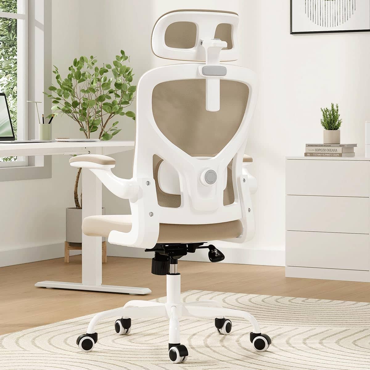 PexFix - Ergonomic Office Chair with Flip-Up Arms, 121° Recline & Adjustable Lumbar Support, 300 lb Capacity - White+Khaki