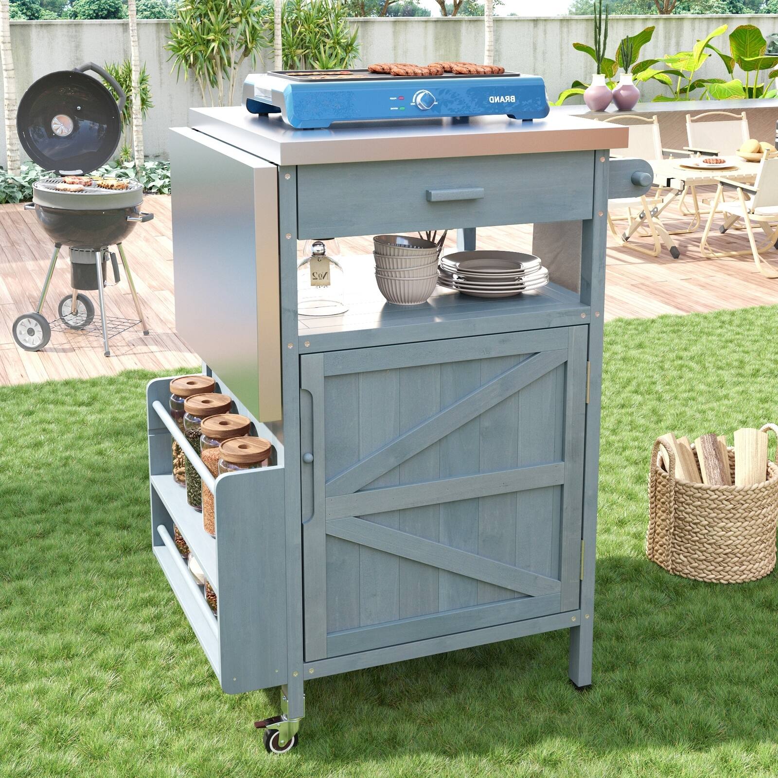 Alt View 1. Spaco - Spaco 40" Outdoor Grill Cart with Stainless Steel Top, Teak Cabinet, Drop Leaf Drawer Towel Rack,Rolling Lockable Wheels - Blue+Grey.
