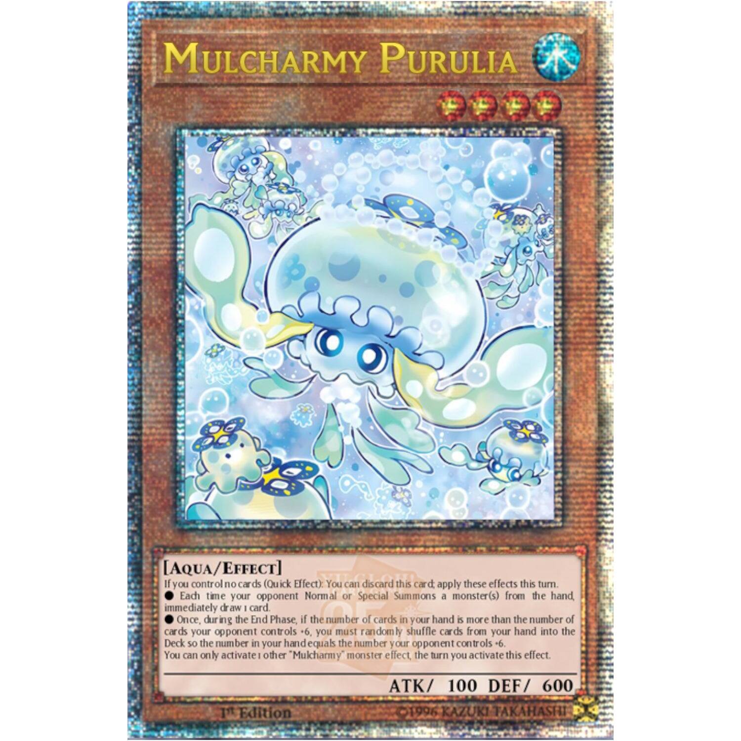 MULCHARMY PURULIA [AQUA/EFFECT]  
If you control no cards (Quick Effect): You can discard this card, and if you do, apply these effects this turn.  
- Each time your opponent Normal or Special Summons a monster(s) from the hand, immediately draw 1 card.  
- Once, during the End Phase, if the number of cards in your hand is more than the number of cards your opponent controls -6, you must randomly shuffle cards from your hand into the Deck so the number in your hand equals the number your opponent controls -6.  
- You can only activate 1 other "Mulcharmy" monster effect the turn you activate this effect.  

1st Edition  
ATK/ 100 DEF/ 600  
©1996 KAZUKI TAKAHASHI