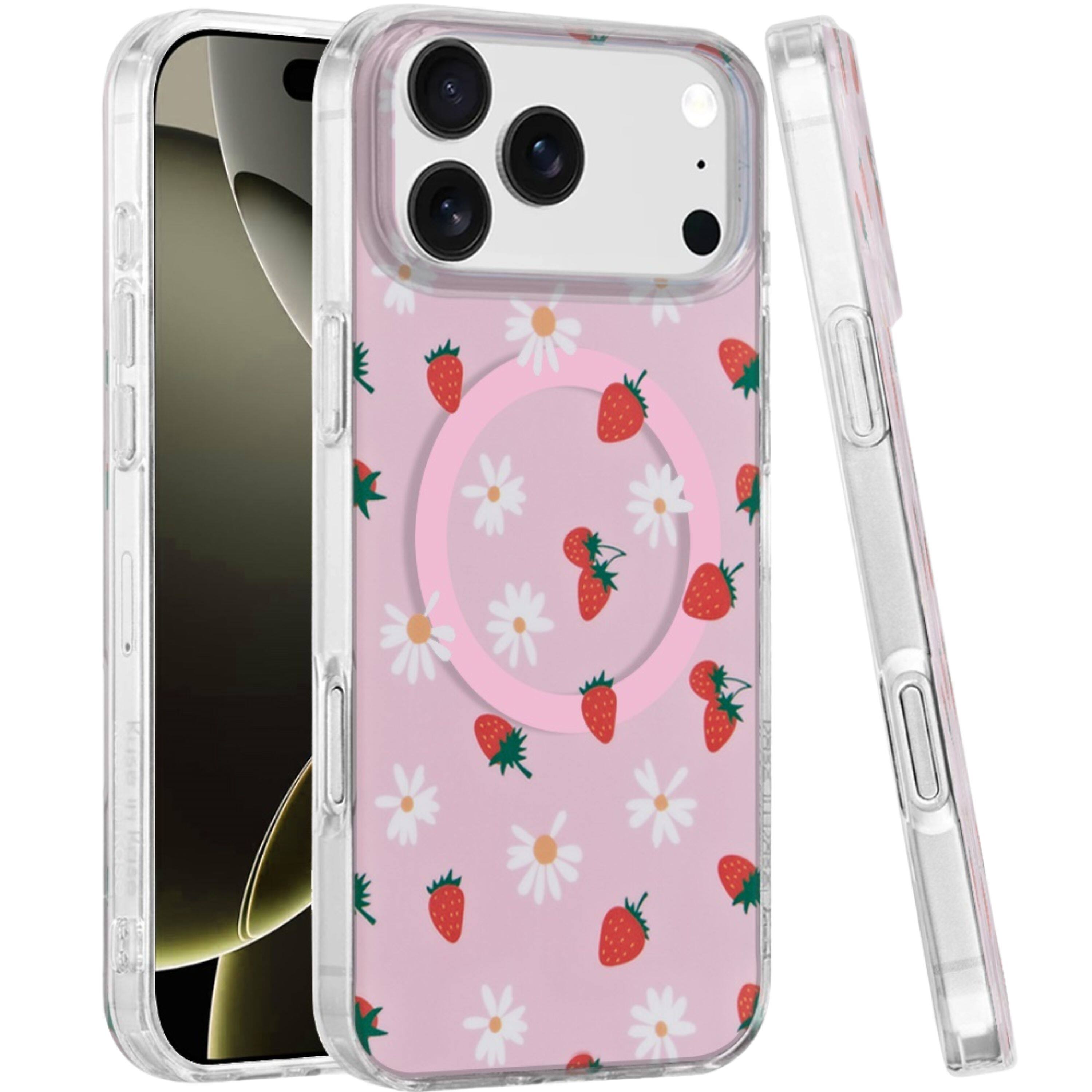 Left. Kitcheniva - IMD Dual Layer Magnetic Circle Cover Phone Case With Tempered Glass For iPhone 17 Pro Max Strawberry - Red And Pink.
