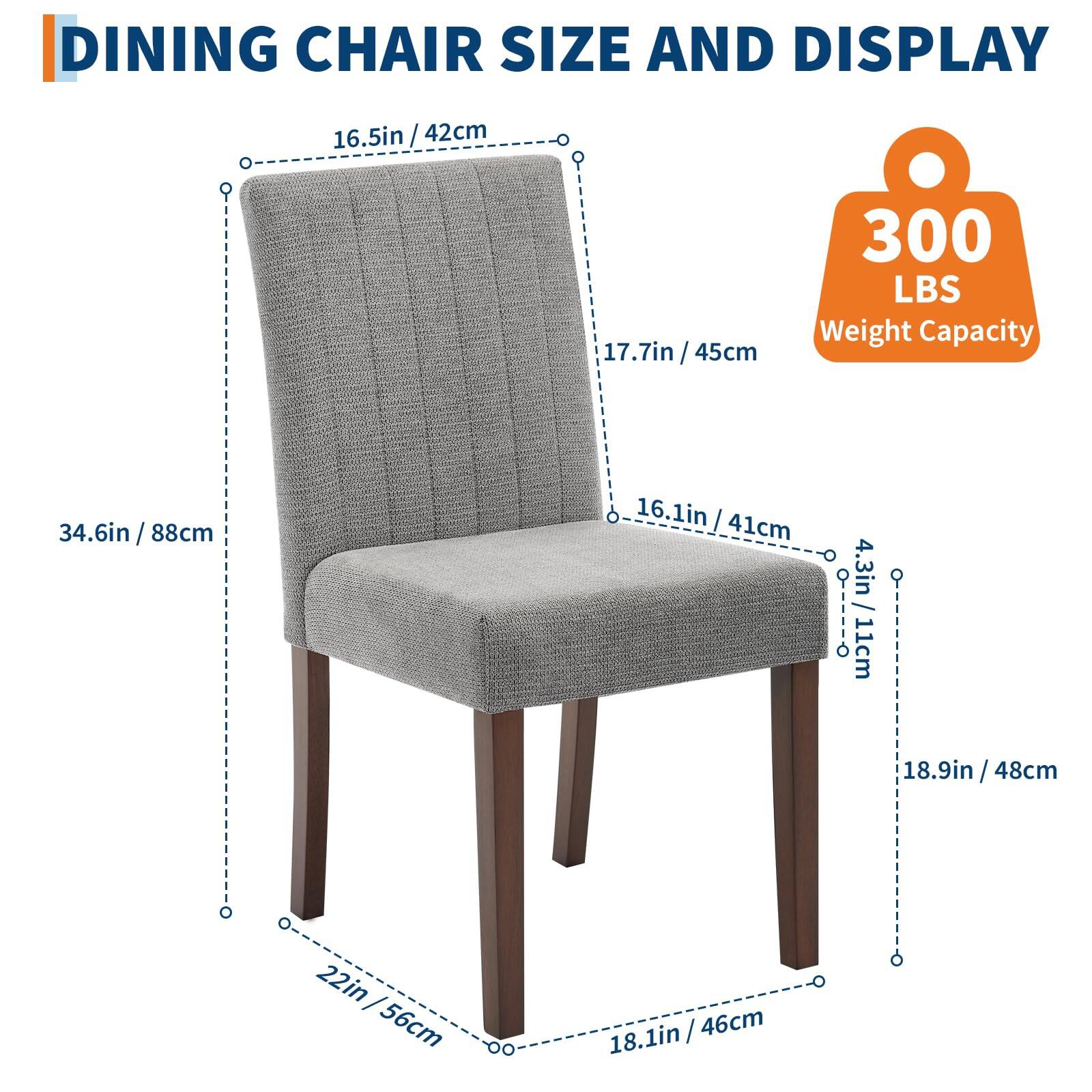 DINING CHAIR SIZE AND DISPLAY

- Height: 34.6in / 88cm
- Width: 18.1in / 46cm
- Depth: 18.9in / 48cm
- Seat Height: 16.5in / 42cm
- Seat Width: 17.7in / 45cm
- Seat Depth: 16.1in / 41cm
- Armrest Height: 4.3in / 11cm
- Leg Width: 22in / 56cm

300 LBS Weight Capacity