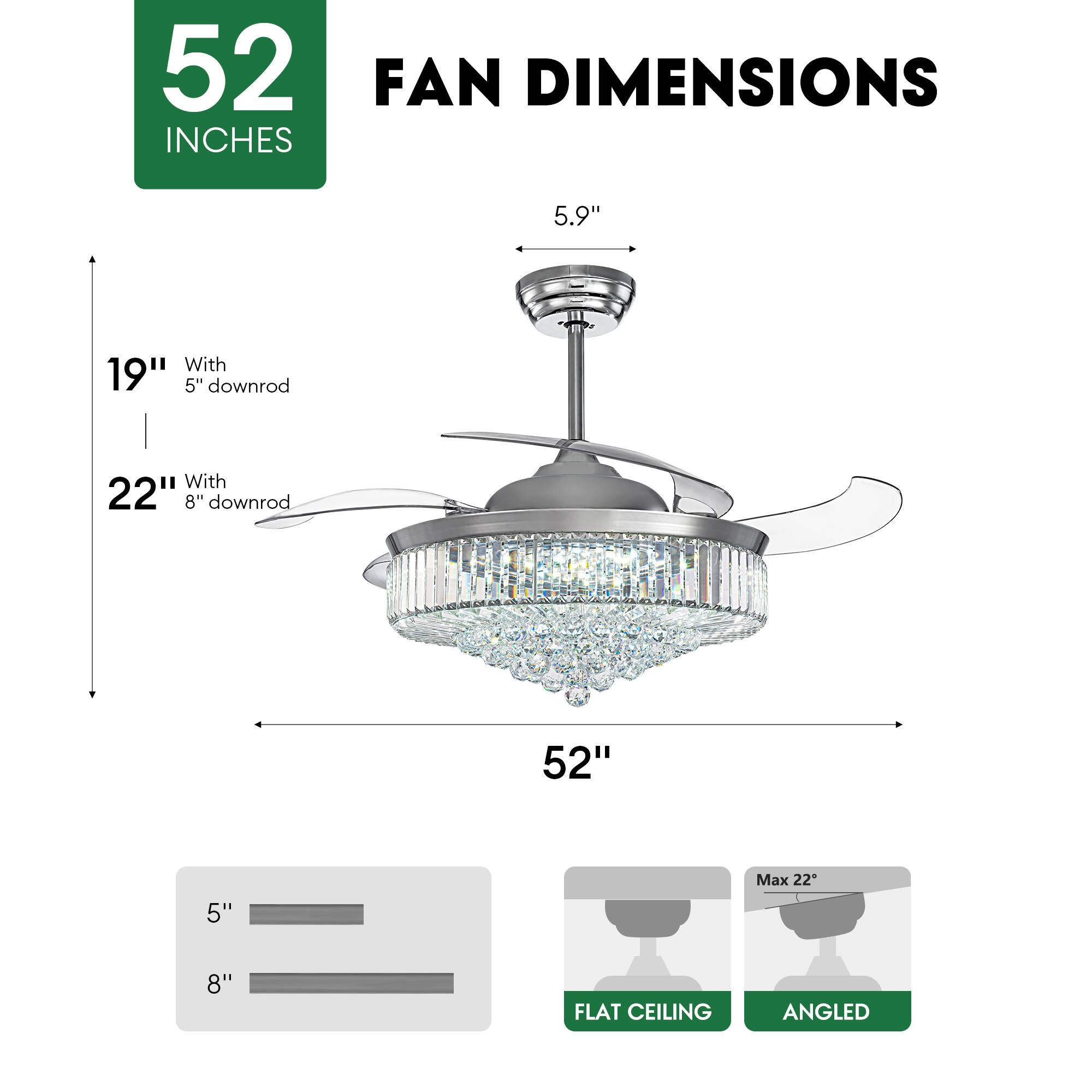 52 INCHES FAN DIMENSIONS

5.9"  
19" With 5" downrod  
22" With 8" downrod  
52"  

Max 22"  
FLAT CEILING  
ANGLED