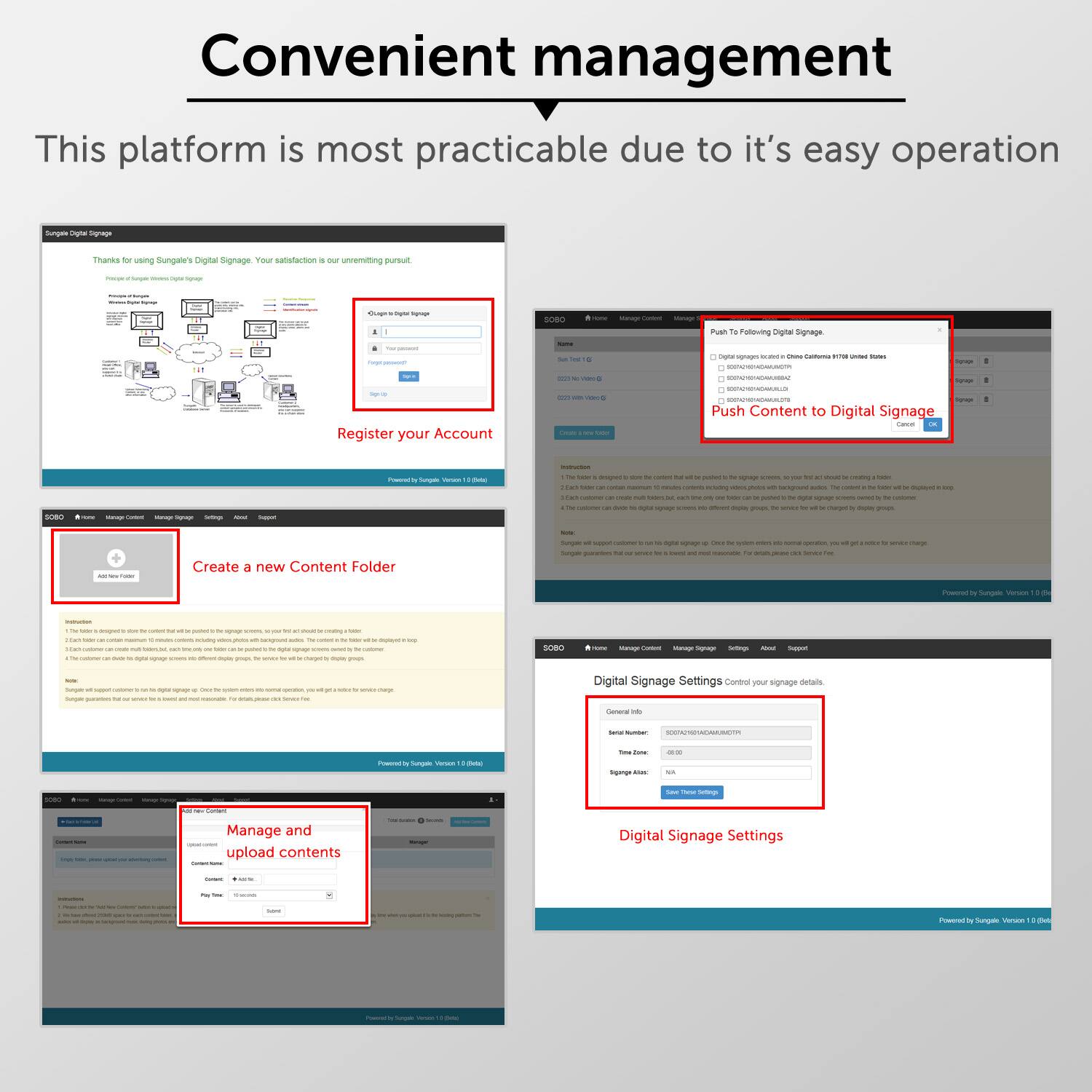 Convenient management
This platform is most practicable due to it's easy operation

- Register your Account
- Push Content to Digital Signage
- Create a new Content Folder
- Manage and upload contents
- Digital Signage Settings