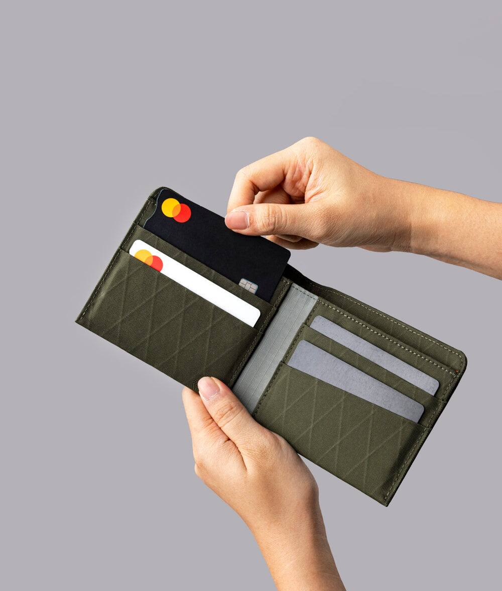 Left. ALPAKA - ARK Classic Wallet,Bifold Wallet with Magnetic Closure, RFID Protection, Global Bill Fit,Gift-Ready Box - Olive Green X-Pac X42.