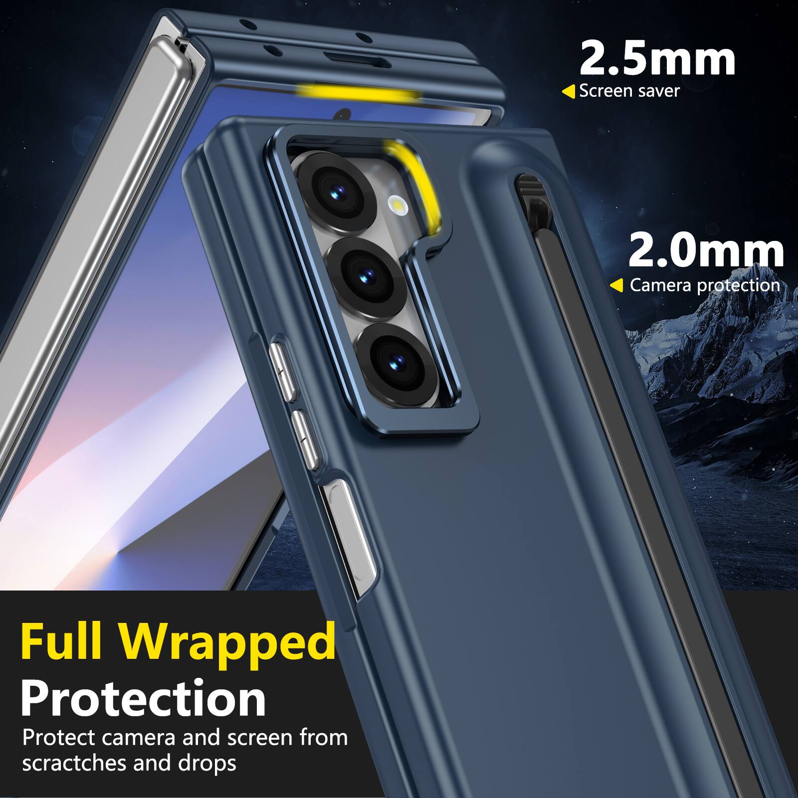 2.5mm Screen saver  
2.0mm Camera protection  
Full Wrapped Protection  
Protect camera and screen from scratches and drops