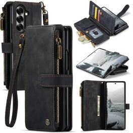 Dteck - For Samsung Galaxy Z Fold8 Ultra Premium Leather Shockproof Purse Case Card Slots Zipper Pocket Cover + Wrist Strap - Black