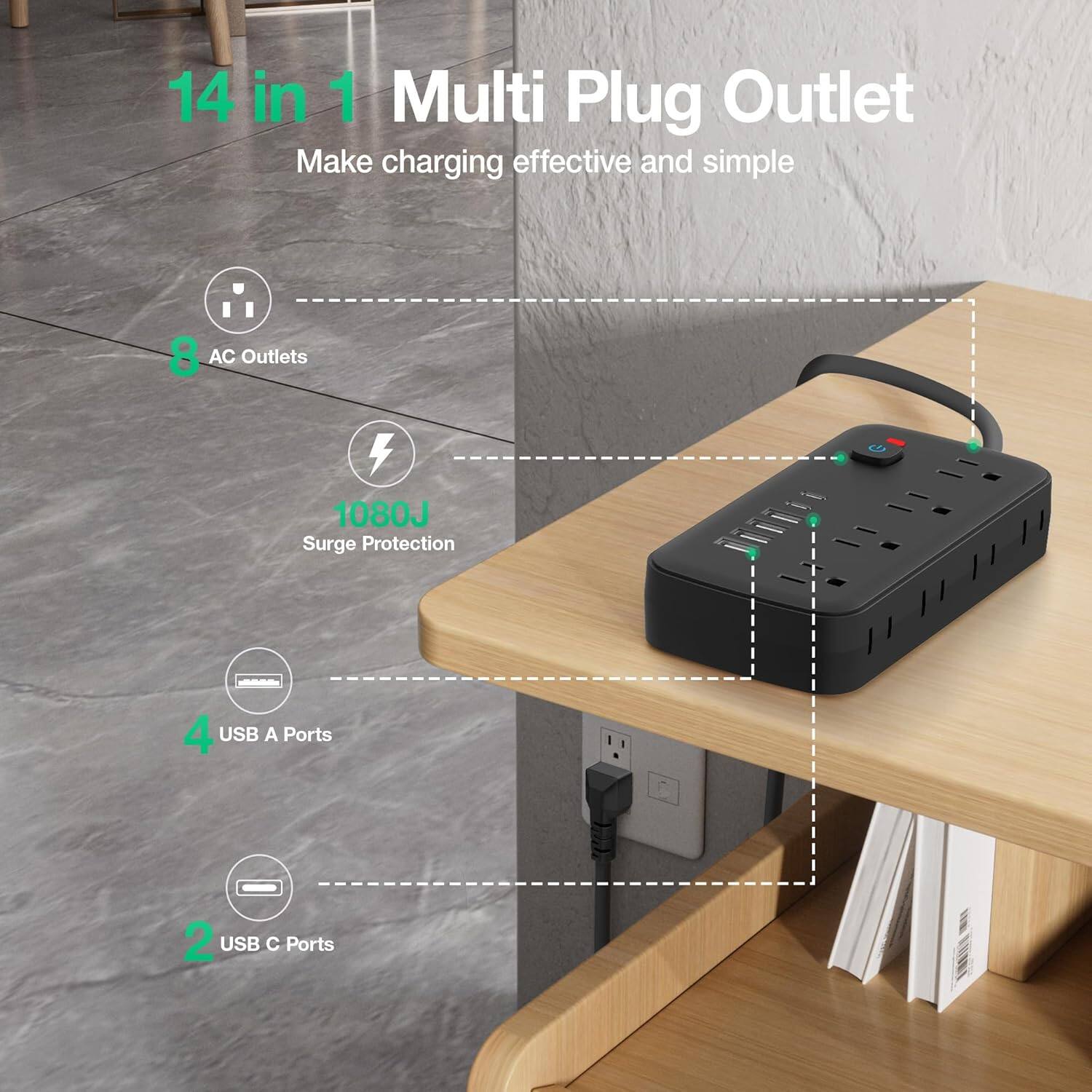 14 in 1 Multi Plug Outlet  
Make charging effective and simple  

- 8 AC Outlets  
- 1080J Surge Protection  
- 4 USB A Ports  
- 2 USB C Ports