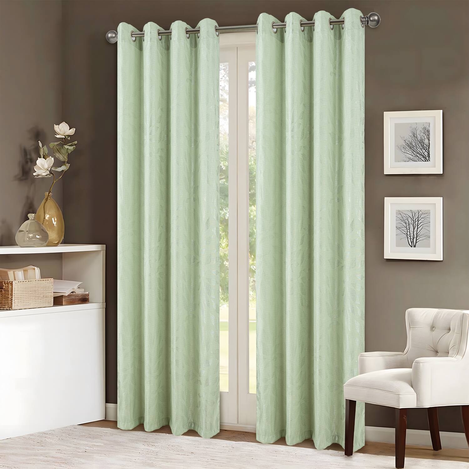 Angle. RT Designers Collection - RT Designers Collection Bexley Foil Jacquard Polyester Window Curtain Grommet Panel 52" x 84" Sage - Sage.