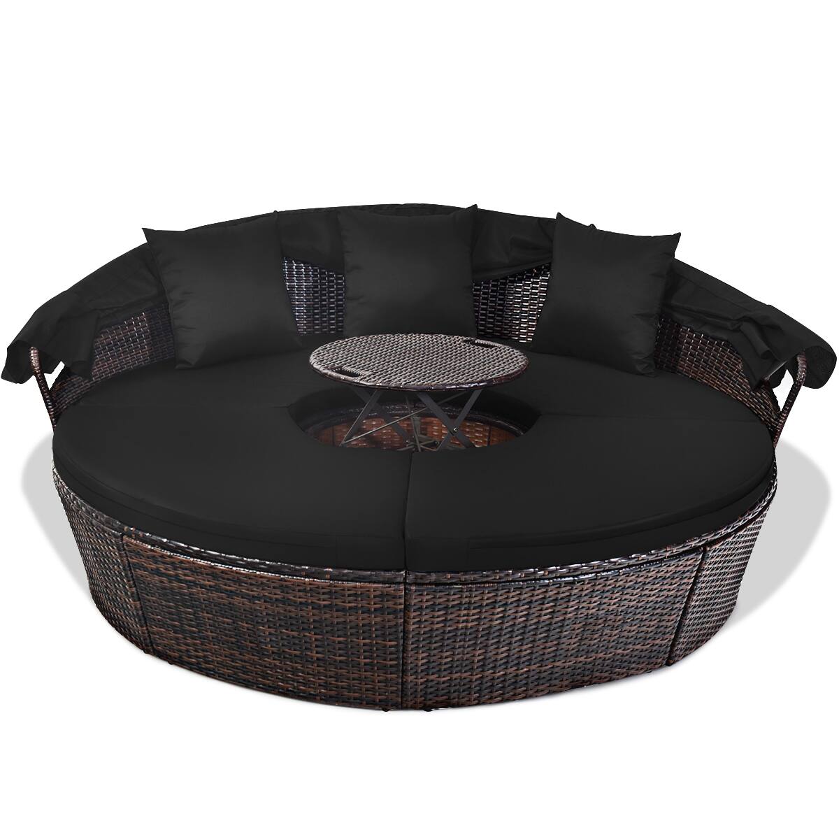 Left. Costway - Patio Rattan Daybed Cushioned Sofa Adjustable Table Top Canopy - Black.