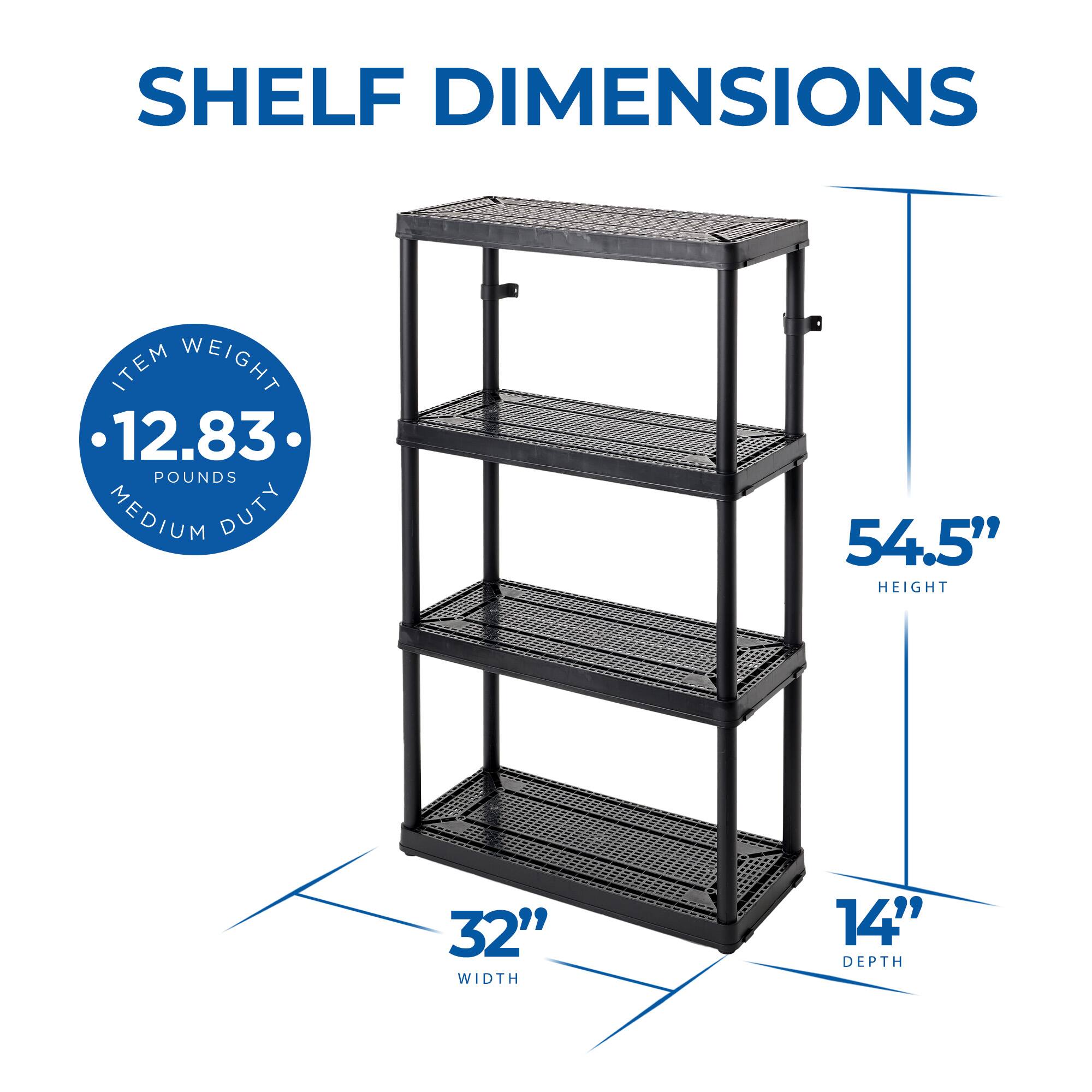 SHELF DIMENSIONS  
ITEM WEIGHT: 12.83 POUNDS  
MEDIUM DUTY  
54.5" HEIGHT  
32" WIDTH  
14" DEPTH