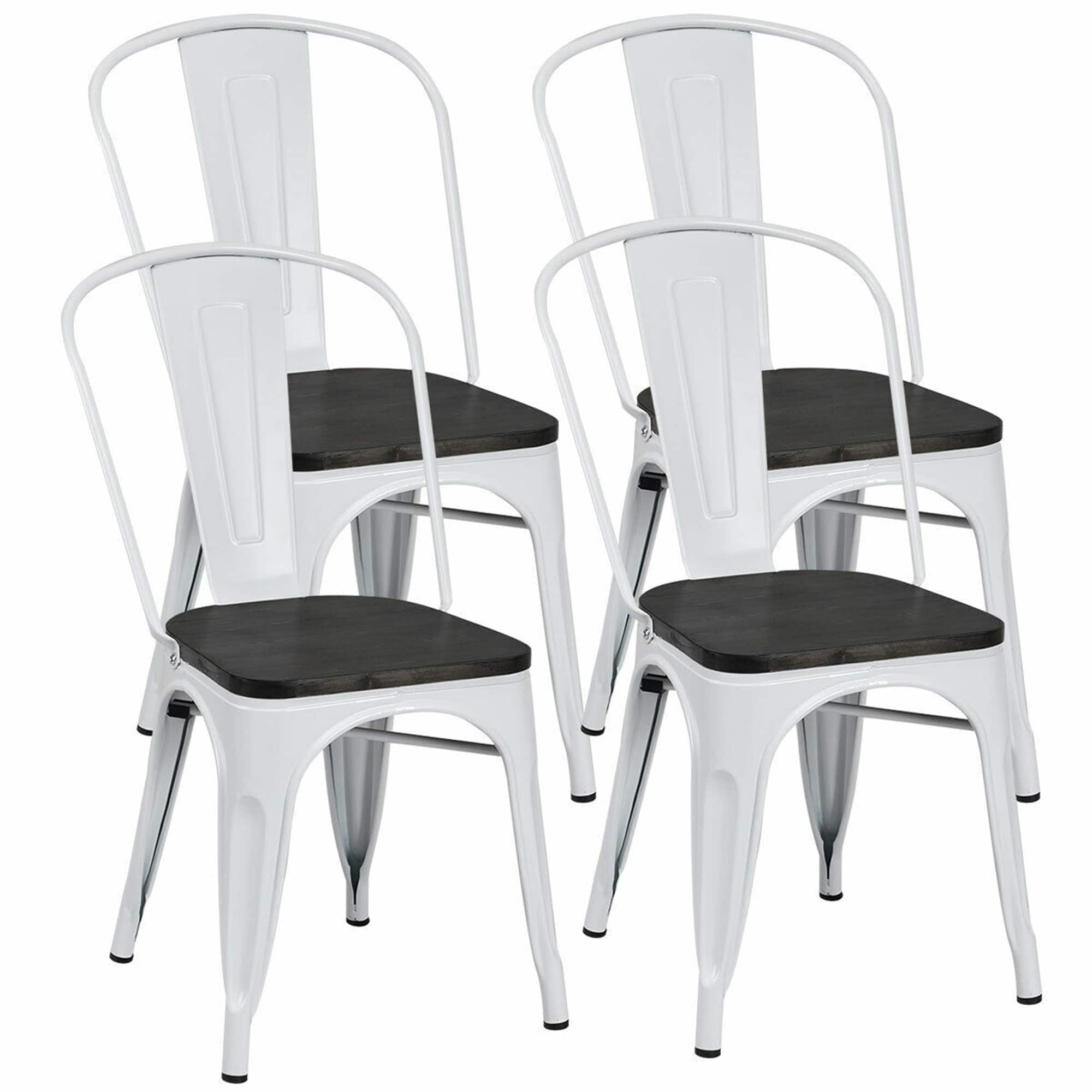 Gymax - Set of 4 Metal Dining Side Chair Wood Seat Stackable Cafe Bistro - White