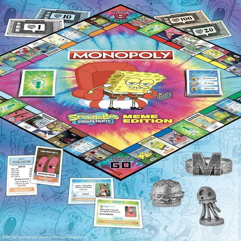 MONOPOLY  
SpongeBob SquarePants Edition  

- GO TO JAIL  
- COMMUNITY CHEST  
- CHANCE  
- SOMETHING SMELLY  
- COMMENTS  
- COLLECT $50 AS YOU PASS GO  
- PARKING  
- LUEE HOCELT  
- TAORIOPOLT  
- NRVUN LANE  
- CHILL S  
- MEME  
- SQUAREPANTS  
- SOMETHING SMELLY  
- COLLECT $50 AS YOU PASS GO  
- COMMENTS  

Squichware  
Co away  
Love ya!!  

Hasbro  
All rights reserved 2021  
©1996, 2021 Hasbro. All rights reserved. ©2021 Viacom International Inc.