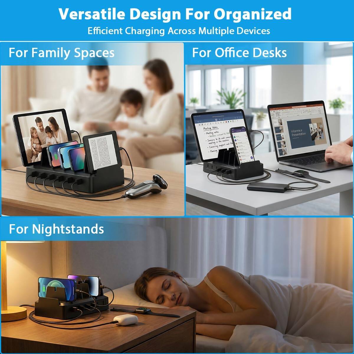 Versatile Design For Organized Efficient Charging Across Multiple Devices

For Family Spaces

For Office Desks

For Nightstands