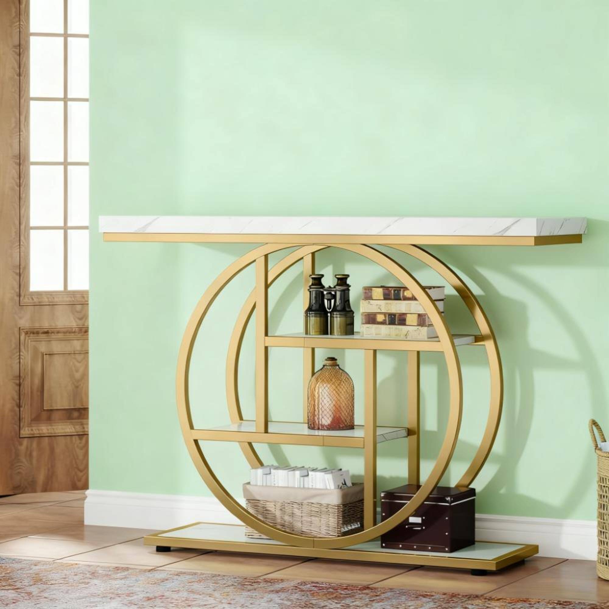 Left. GOODSILO - Industrial Chic Narrow Console Table with Circle Base and Rustic Brown Finish for Entryway and Living Room - White+Gold.