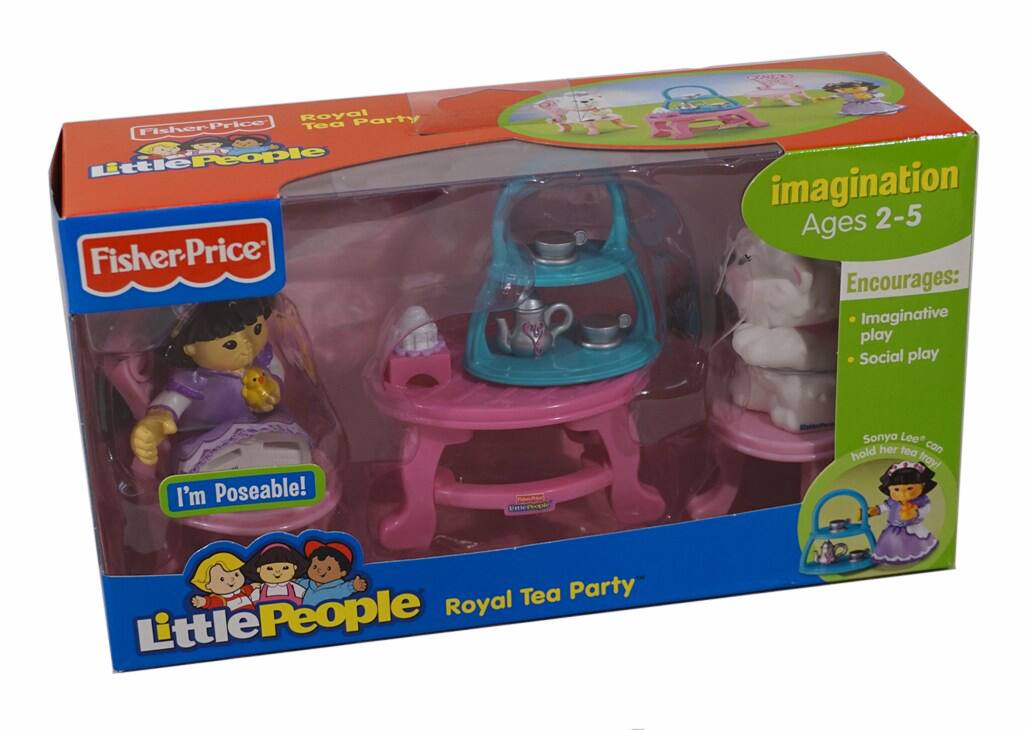 Fisher-Price LittlePeople  
Royal Tea Party  

imagination  
Ages 2-5  

Encourages:  
- Imaginative play  
- Social play  

I'm Poseable!  

Sonya Lee* can hold her tea tray!  

*LittlePeople Royal Tea Party