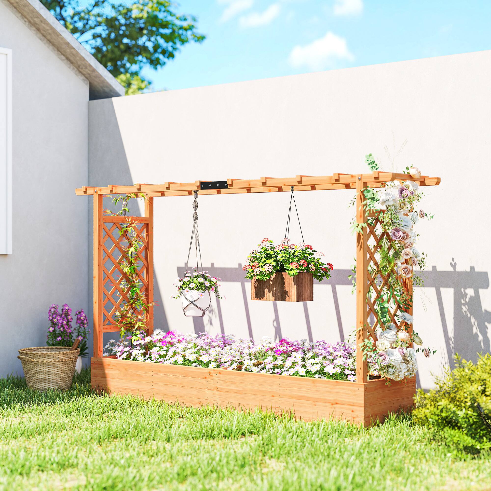 Alt View 1. Outsunny - Raised Garden Bed with Trellis, Wooden Planter Box with Hanging Roof and Drainage Holes.
