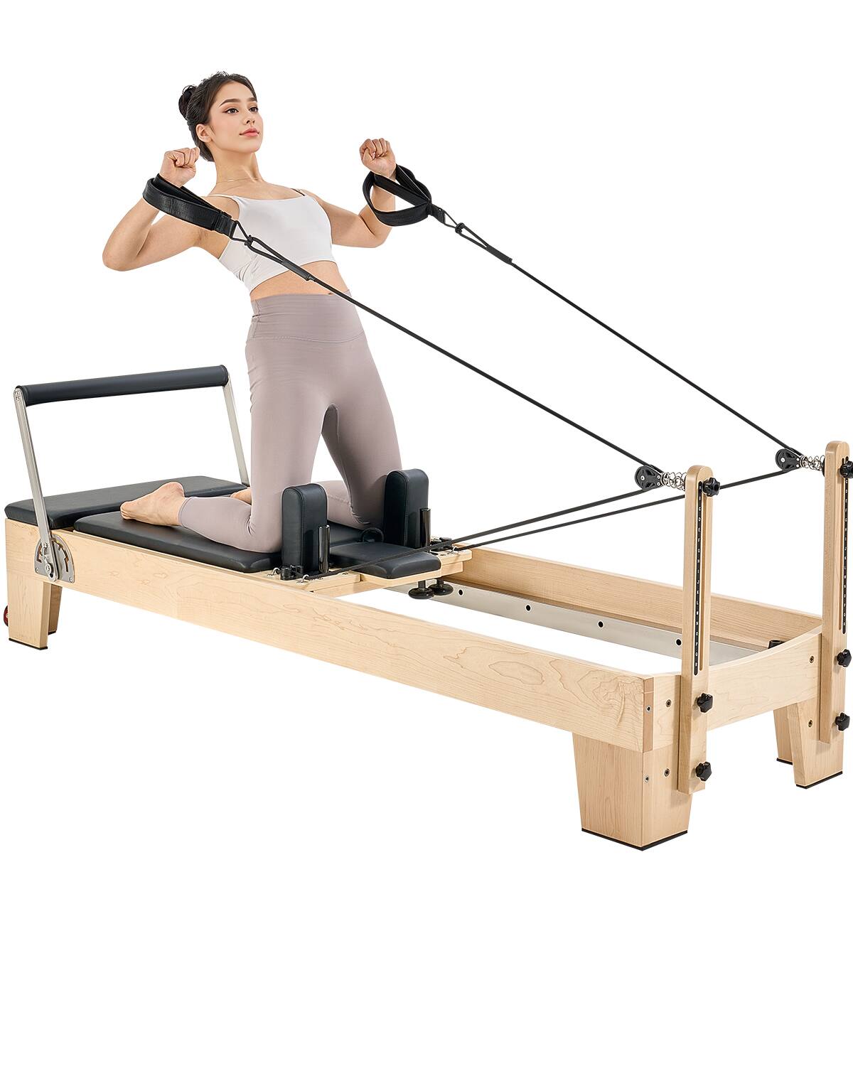 VEVOR - Pilates Reformer Machine, Wooden Pilates Workout Equipment for Home Gym Studio Use, Pilates Bed with Dual Resistance - Wood color