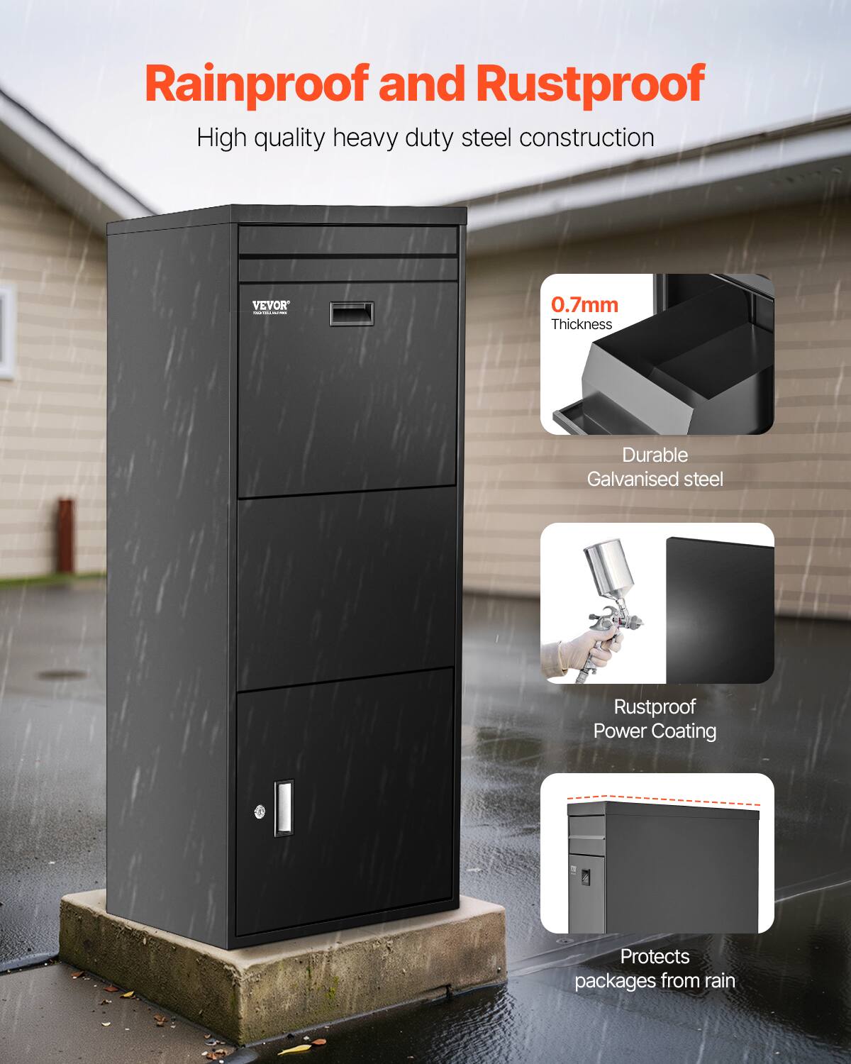Rainproof and Rustproof
High quality heavy duty steel construction
VEVOR : 0.7mm Thickness
Durable Galvanised steel
Rustproof Power Coating
Protects packages from rain