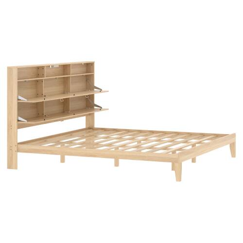 Alt View 2. Winado - Bed Frame with Storage Headboard and Charging Station, Rattan Platform Bed Wood Bed with Shelves, No Box Spring Needed - Natural,King Size.